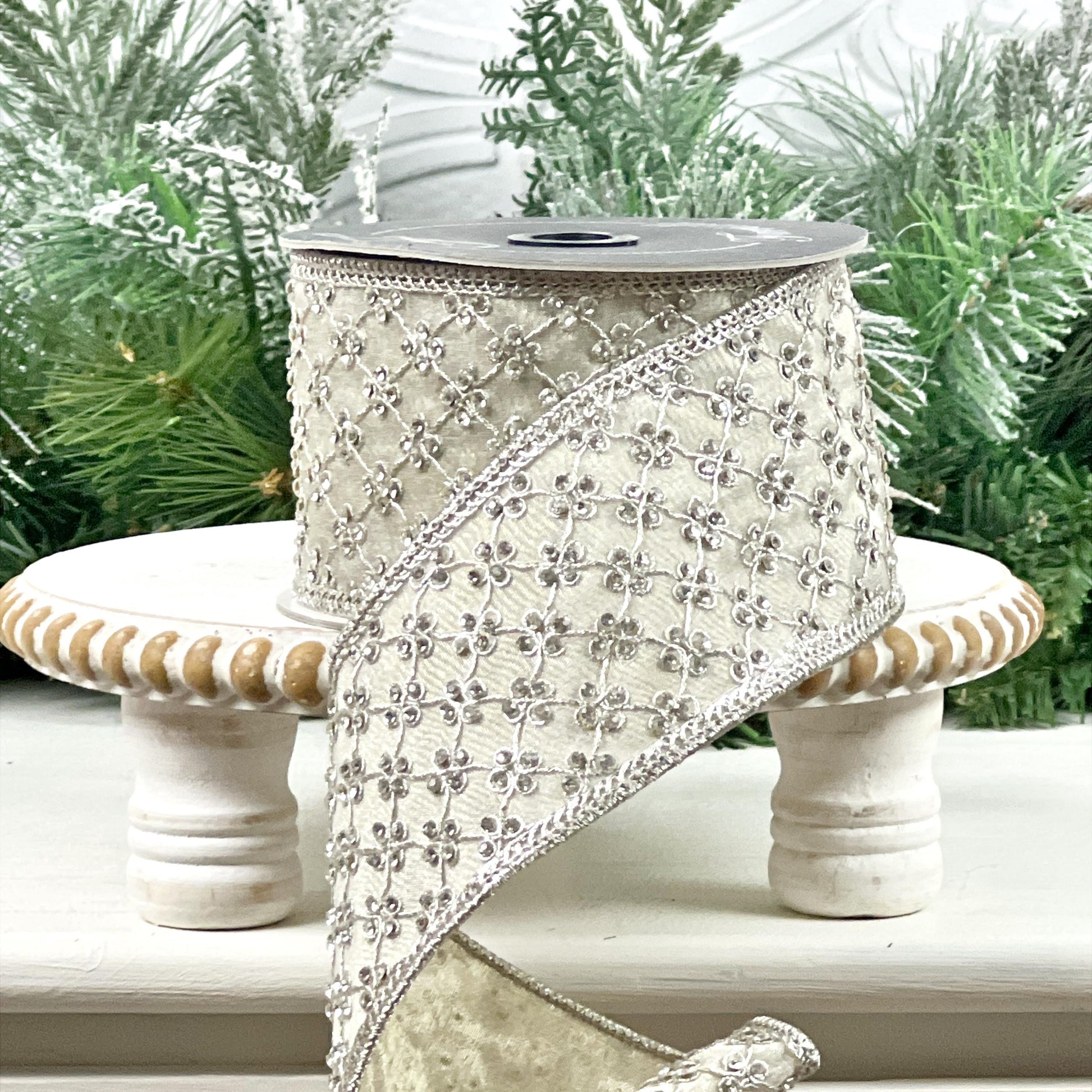 Platinum Jeweled Ribbon, Farrisilk Designer Ribbon, Silver Embellished Holiday Ribbon, Luxury Wedding Ribbon, Elegant Wired Ribbon