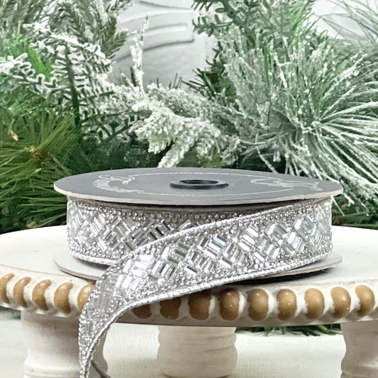 Silver Jeweled Ribbon, Farrisilk Designer Ribbon, Crystal Trim Holiday Ribbon, Luxury Wedding Ribbon, Elegant Wired Ribbon