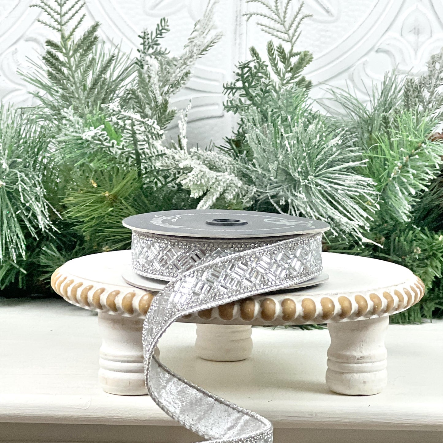Silver Jeweled Ribbon, Farrisilk Designer Ribbon, Crystal Trim Holiday Ribbon, Luxury Wedding Ribbon, Elegant Wired Ribbon