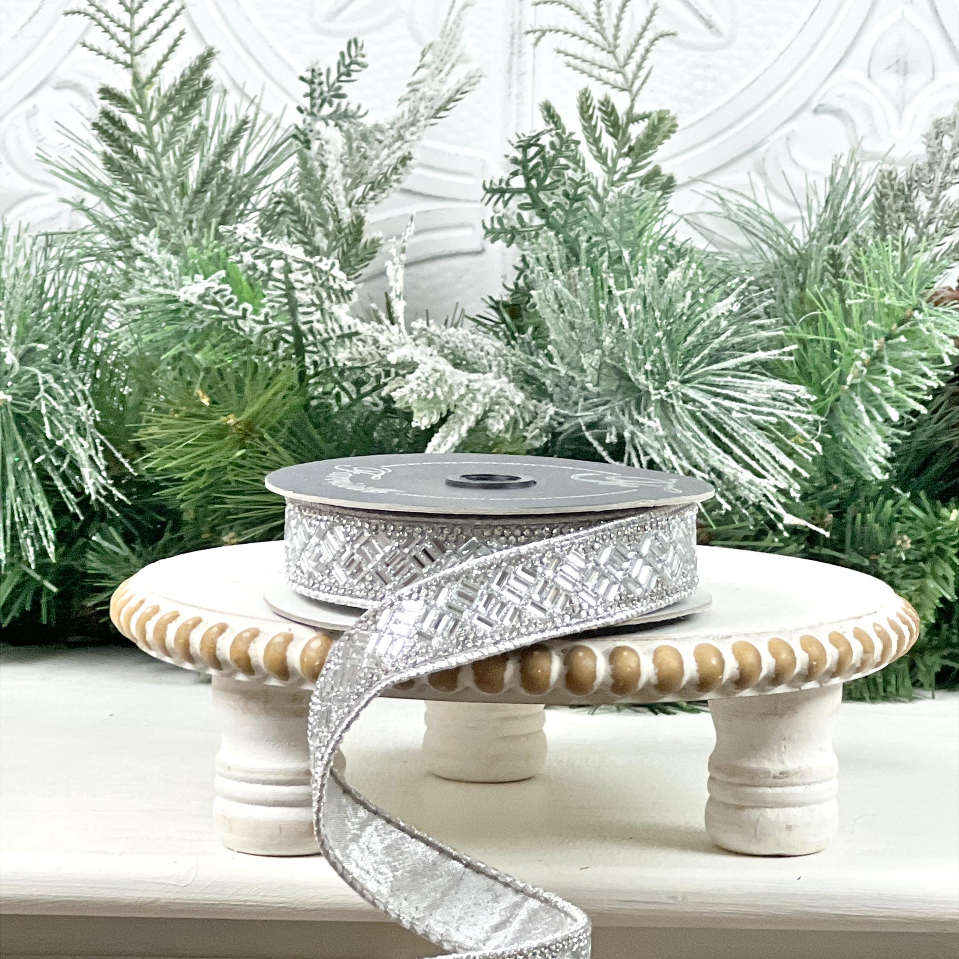 Silver Jeweled Ribbon, Farrisilk Designer Ribbon, Crystal Trim Holiday Ribbon, Luxury Wedding Ribbon, Elegant Wired Ribbon