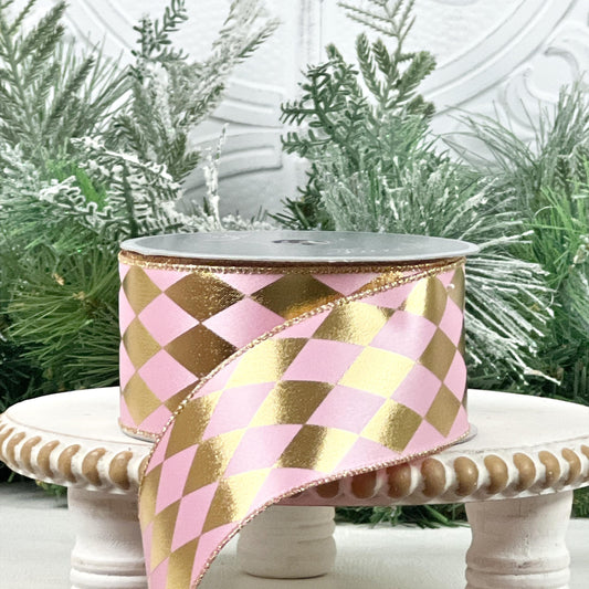 Pink and Gold Harlequin Ribbon, Farrisilk Designer Ribbon, Foil Jester Ribbon, Elegant Holiday Ribbon, Luxury Wedding Ribbon