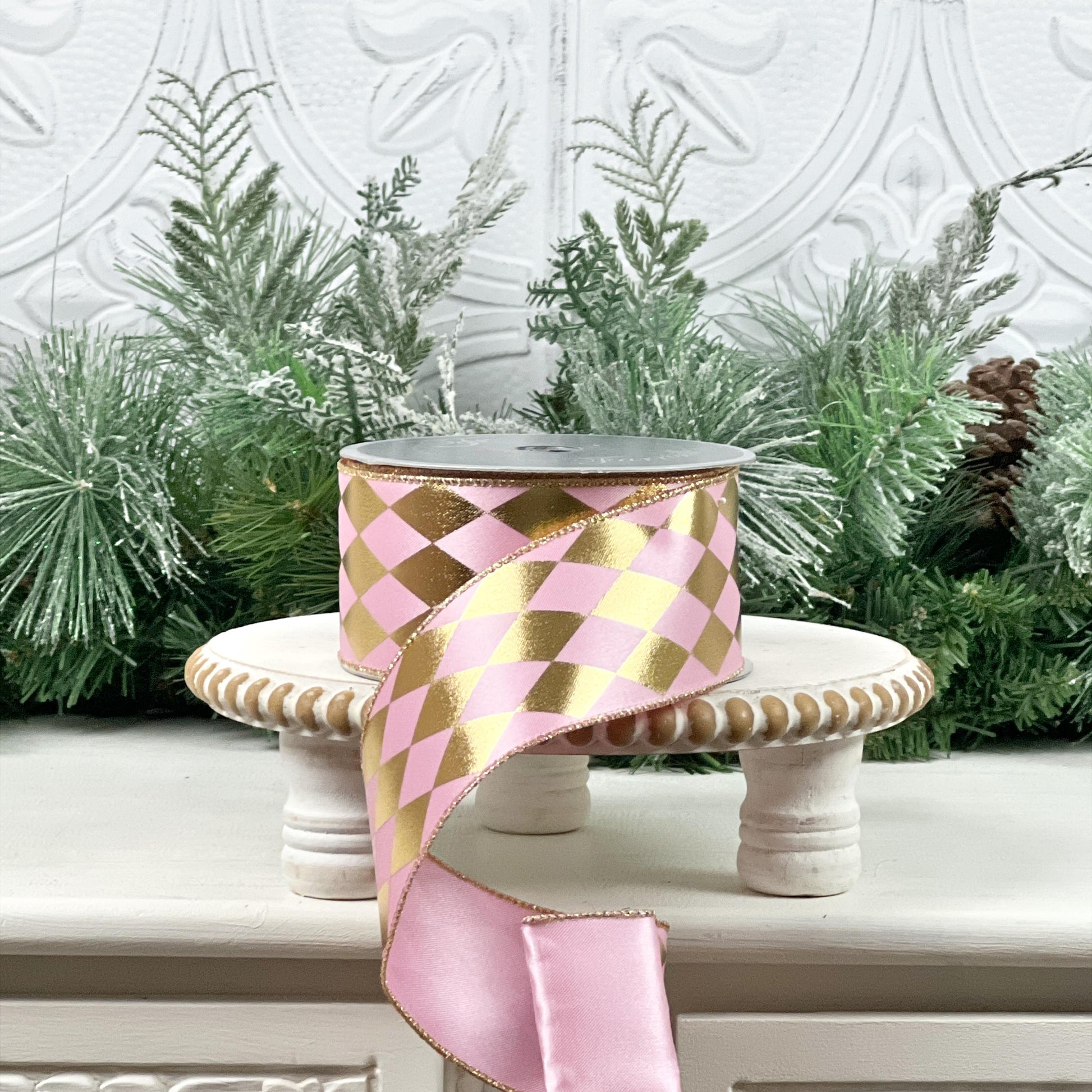 Pink and Gold Harlequin Ribbon, Farrisilk Designer Ribbon, Foil Jester Ribbon, Elegant Holiday Ribbon, Luxury Wedding Ribbon