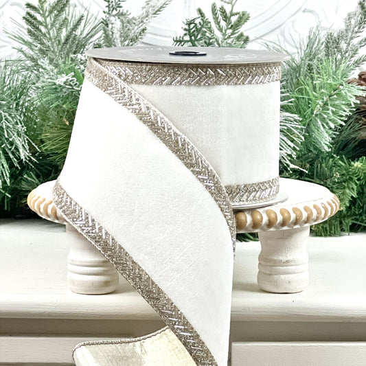 White Velvet Jeweled Ribbon, Farrisilk Chevron Trim Ribbon, Elegant Wired Designer Ribbon, Winter Wedding Ribbon, Luxury Holiday Decor