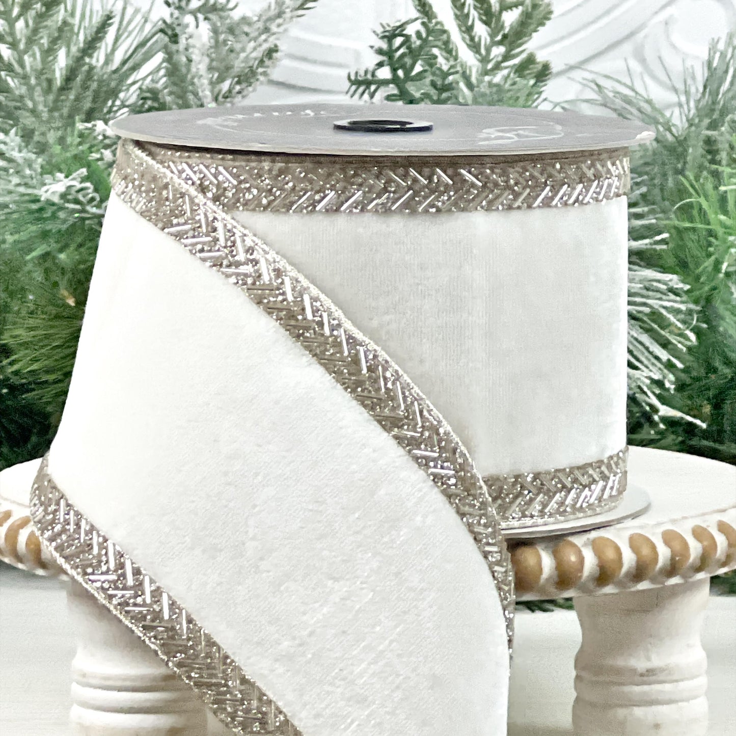 White Velvet Jeweled Ribbon, Farrisilk Chevron Trim Ribbon, Elegant Wired Designer Ribbon, Winter Wedding Ribbon, Luxury Holiday Decor