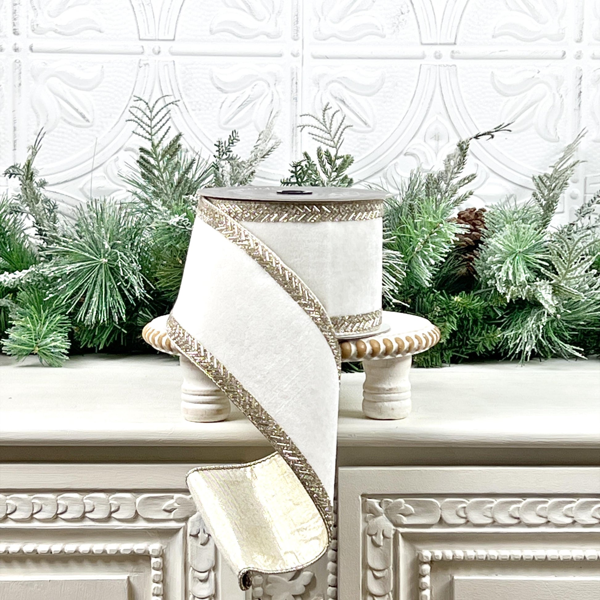 White Velvet Jeweled Ribbon, Farrisilk Chevron Trim Ribbon, Elegant Wired Designer Ribbon, Winter Wedding Ribbon, Luxury Holiday Decor