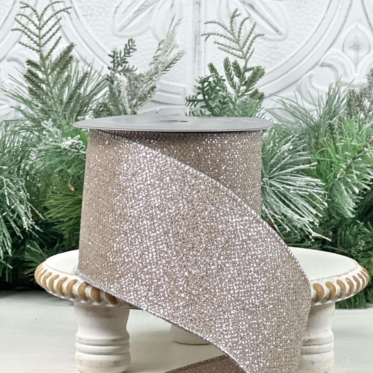 Platinum Glitter Ribbon, Farrisilk Ribbon, Glittered Christmas Ribbon, Elegant Holiday Ribbon, Wedding Bow Ribbon, Wreath Ribbon