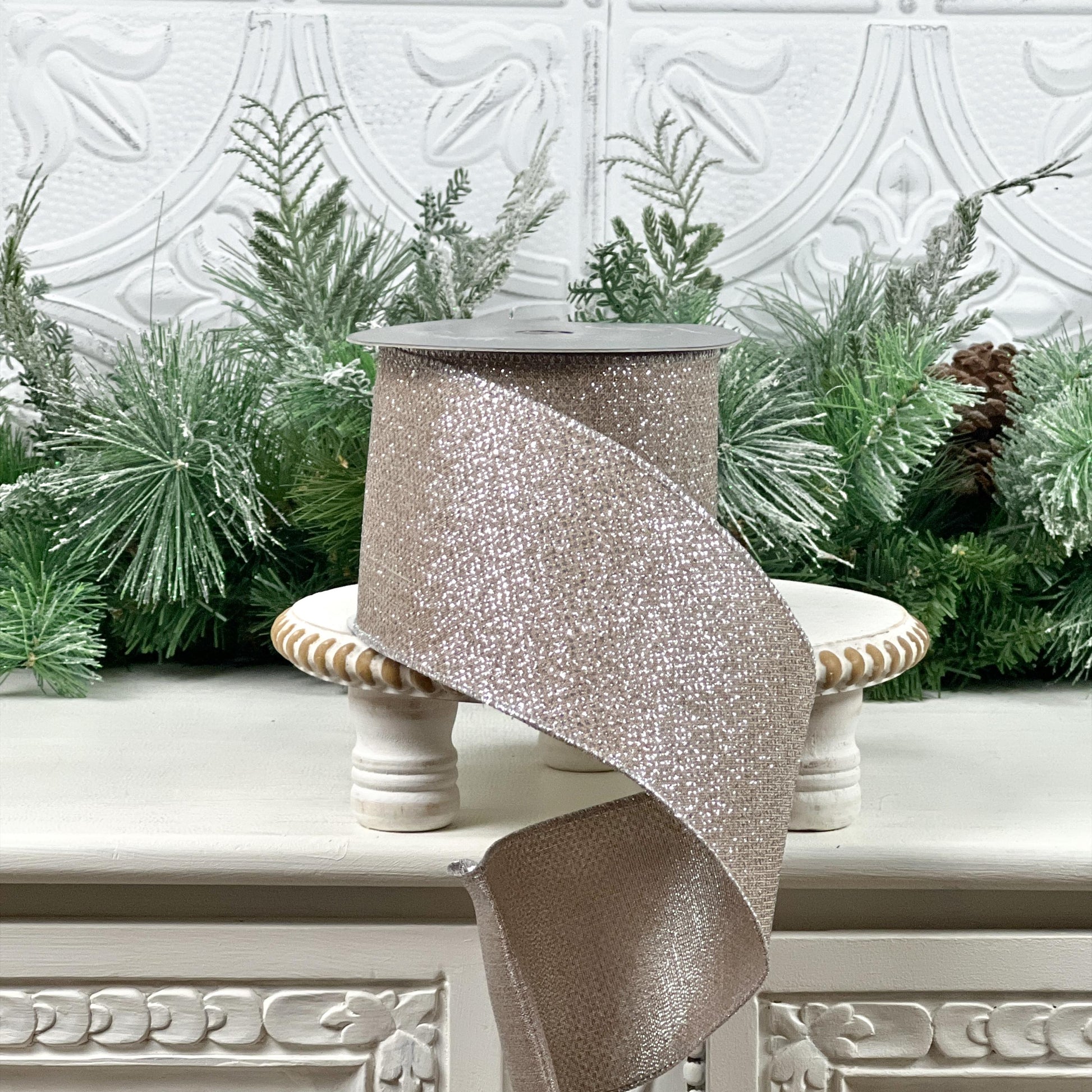 Platinum Glitter Ribbon, Farrisilk Ribbon, Glittered Christmas Ribbon, Elegant Holiday Ribbon, Wedding Bow Ribbon, Wreath Ribbon