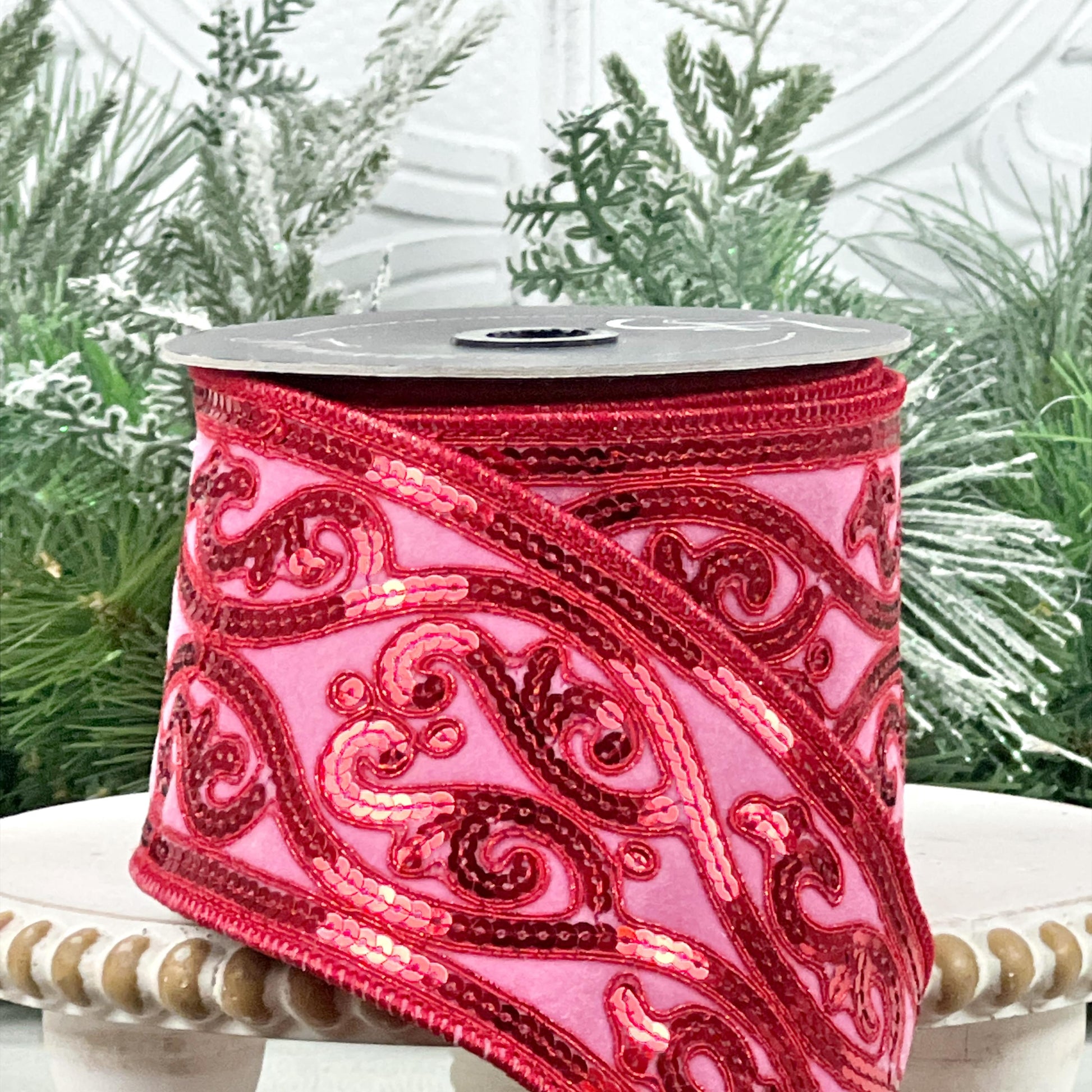 Pink and Red Sequin Ribbon, Farrisilk Scroll Ribbon, Holiday Designer Ribbon, Luxury Wreath Ribbon, Elegant Event Styling, Valentine Decor