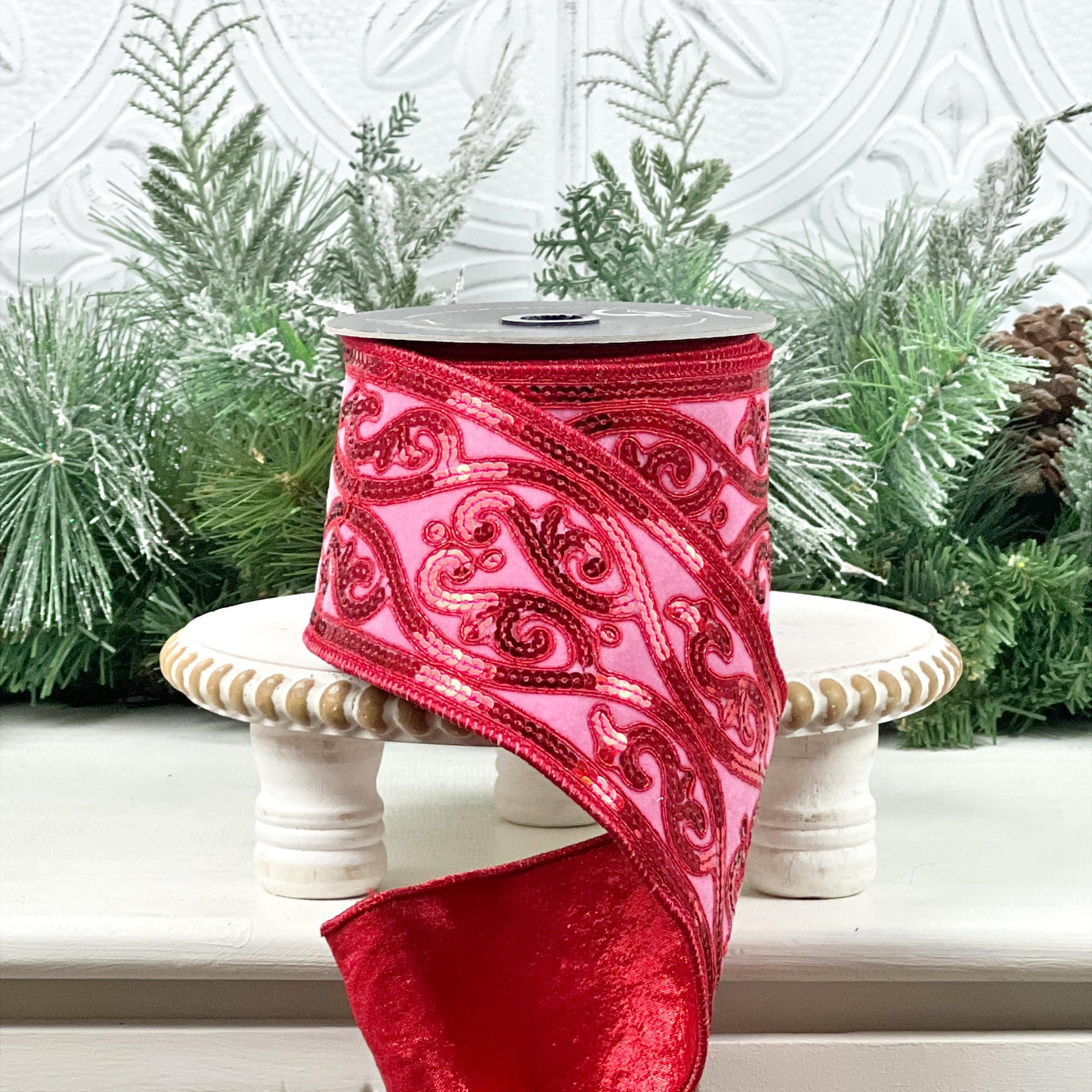Pink and Red Sequin Ribbon, Farrisilk Scroll Ribbon, Holiday Designer Ribbon, Luxury Wreath Ribbon, Elegant Event Styling, Valentine Decor