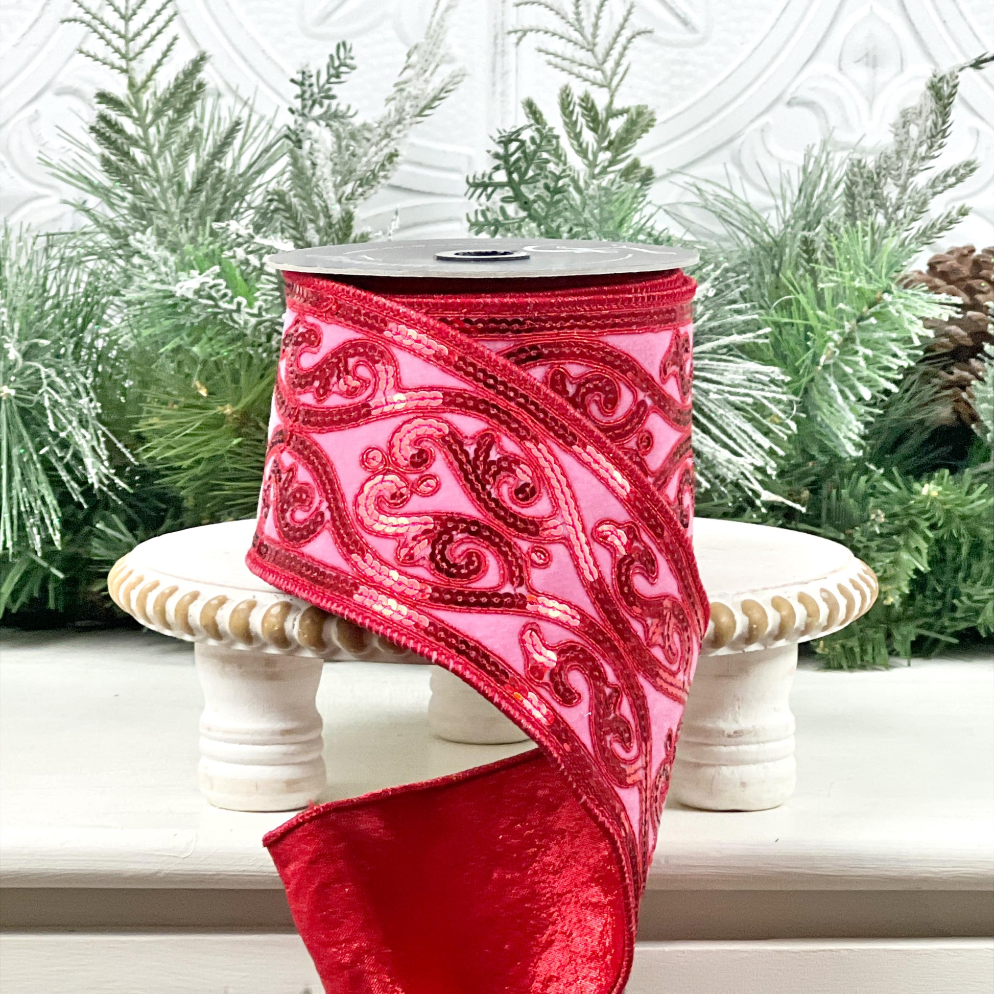 Pink and Red Sequin Ribbon, Farrisilk Scroll Ribbon, Holiday Designer Ribbon, Luxury Wreath Ribbon, Elegant Event Styling, Valentine Decor