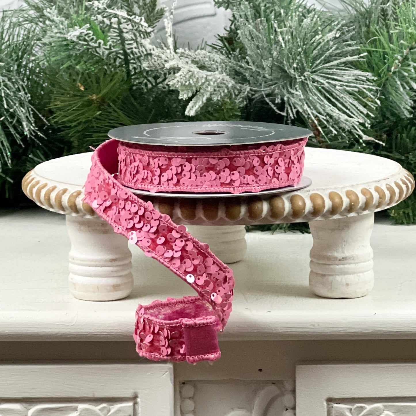 Farrisilk Pink Sequin Ribbon, Jeweled Holiday Ribbon, Pink Wedding Decor, Valentine’s Ribbon, Holiday Wreath Supplies, Pink Jeweled Ribbon