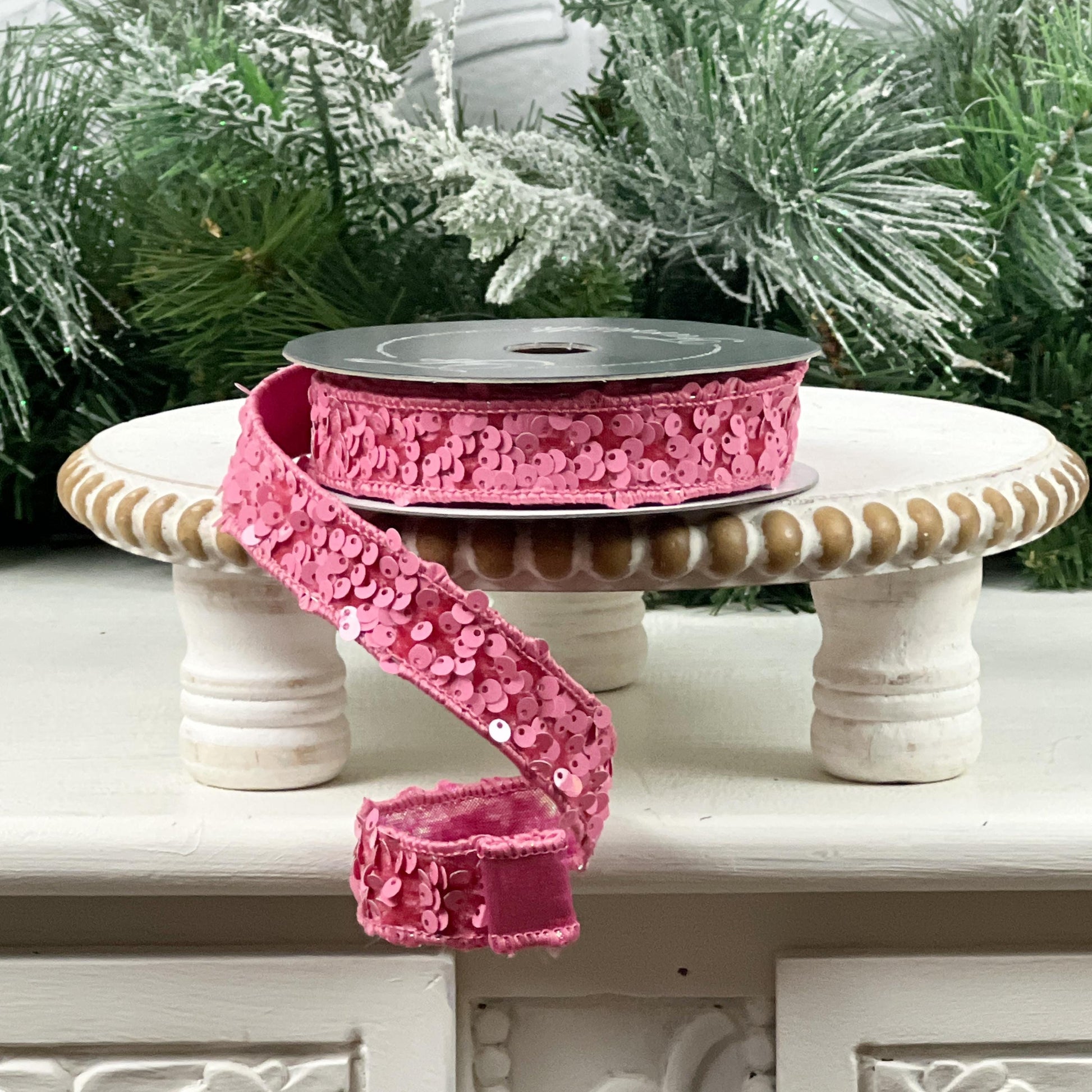 Farrisilk Pink Sequin Ribbon, Jeweled Holiday Ribbon, Pink Wedding Decor, Valentine’s Ribbon, Holiday Wreath Supplies, Pink Jeweled Ribbon