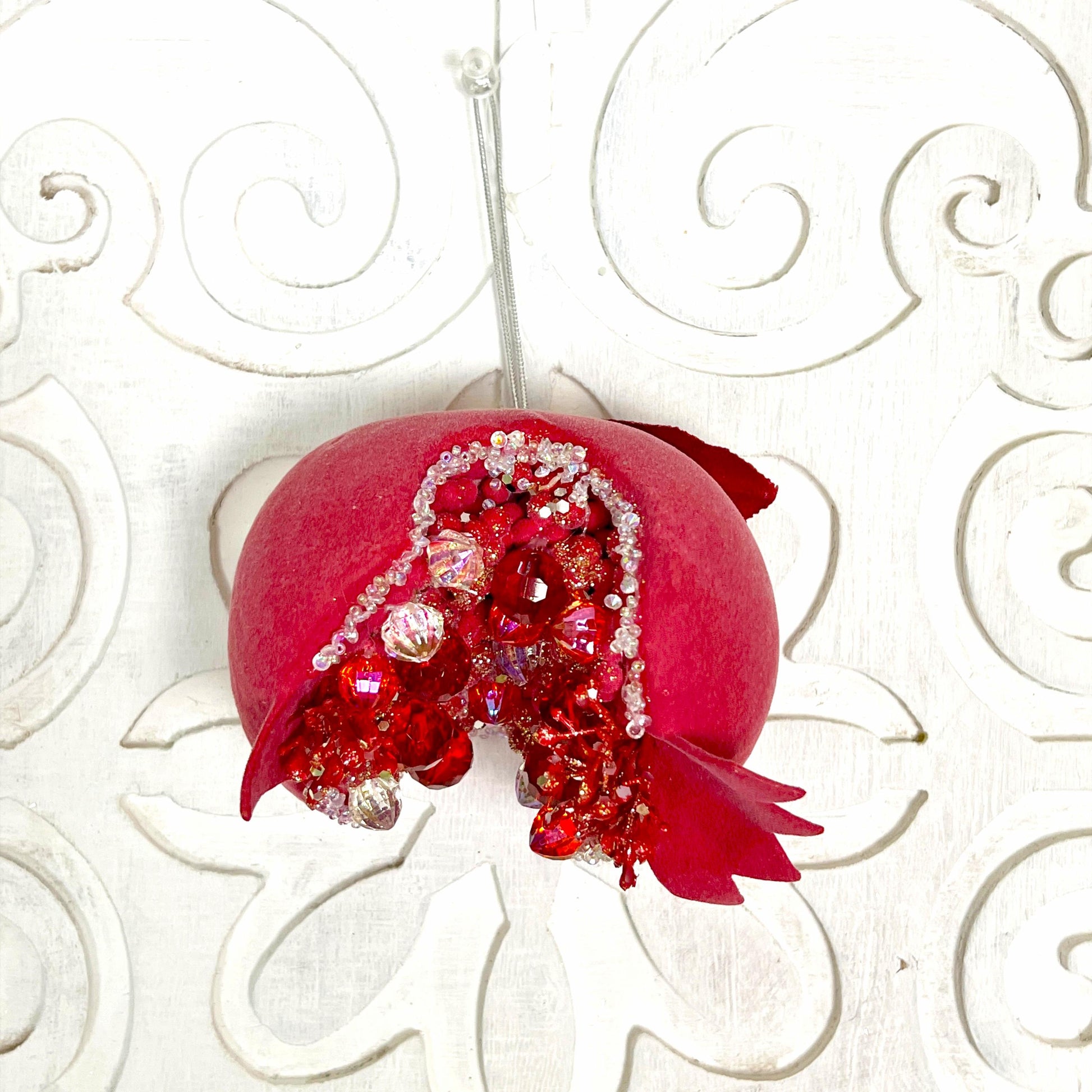 Jeweled Pomegranate Ornament, Red Beaded Ornament, Christmas Fruit Accent, Wedding Centerpiece Decor, Red Christmas baubles, Christmas gifts