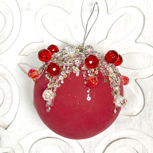 Jeweled Velvet Ornament, Red Christmas Ornament, Crystal Drop Ornament, Holiday Tree Decor, Beaded Velvet Ornament