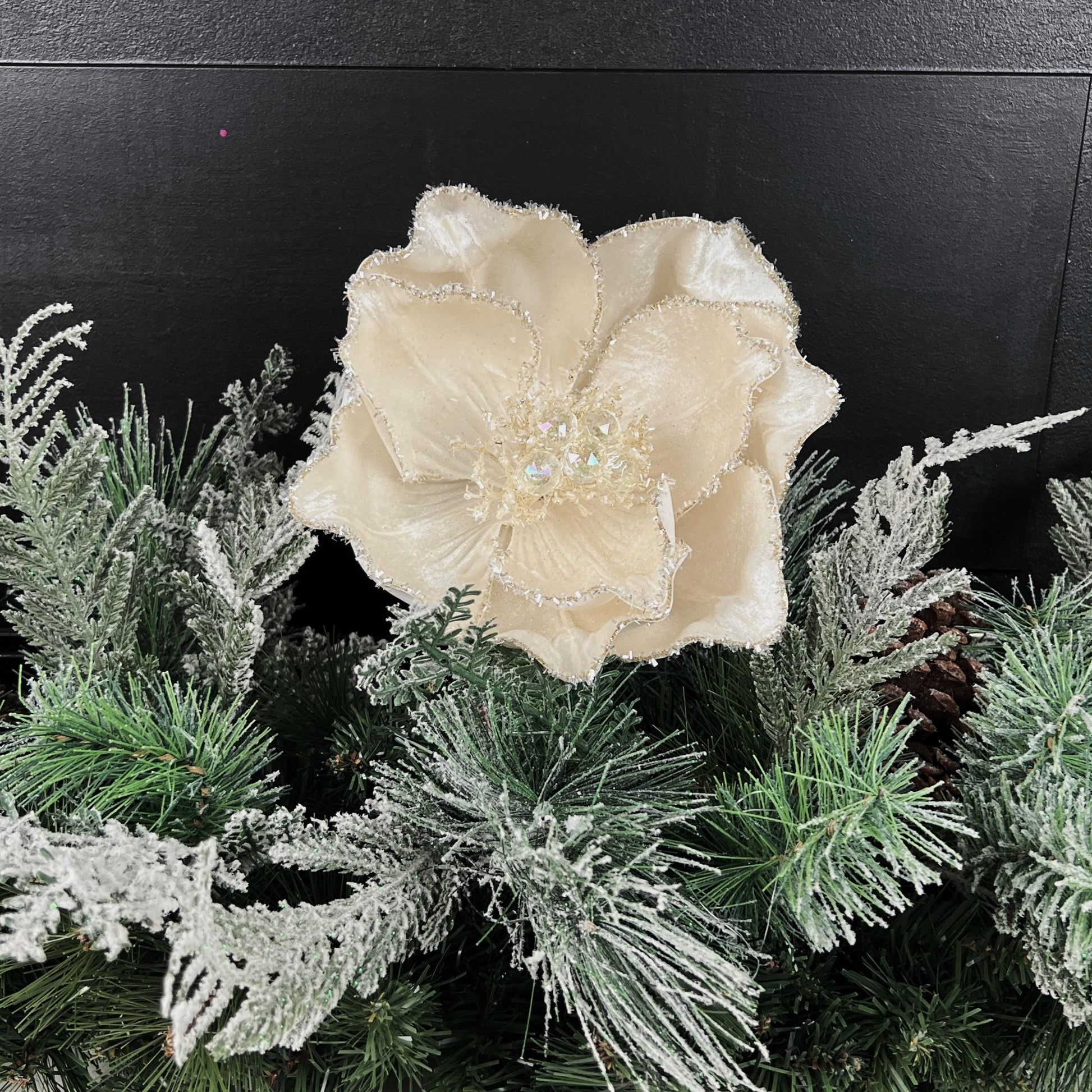 Ivory Magnolia Stem, Jeweled Christmas Flower, Frosted Magnolia Pick, Holiday Floral Accent, Elegant Winter Stem