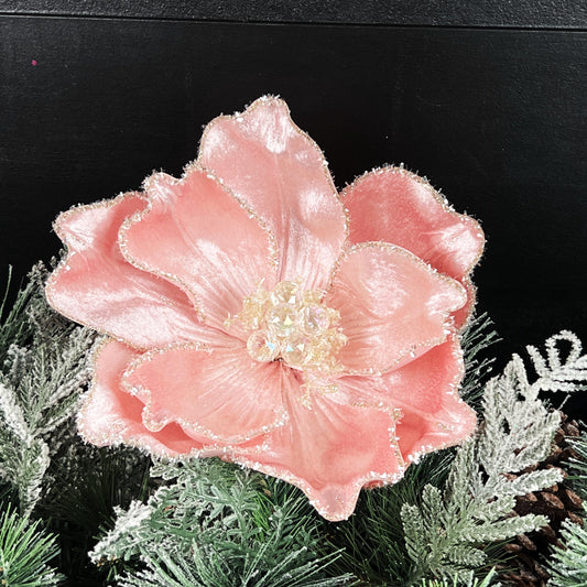 Pink Magnolia Stem, Jeweled Christmas Flower, Frosted Magnolia Pick, Holiday Floral Accent, Elegant Winter Stem, Farrisilk Floral Stem