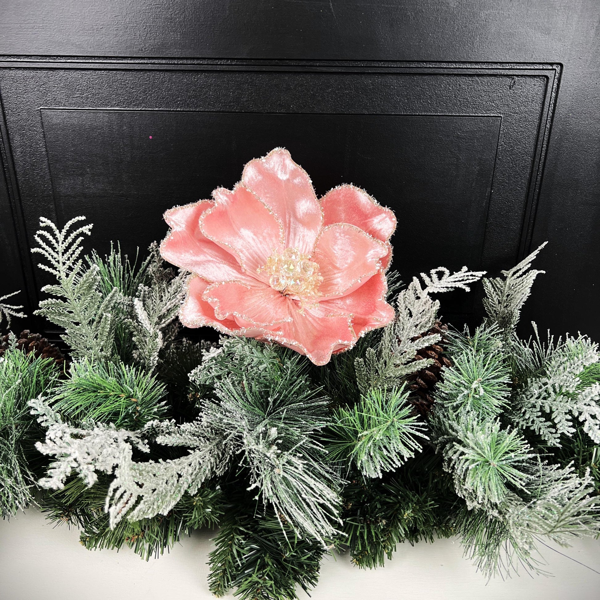 Pink Magnolia Stem, Jeweled Christmas Flower, Frosted Magnolia Pick, Holiday Floral Accent, Elegant Winter Stem, Farrisilk Floral Stem