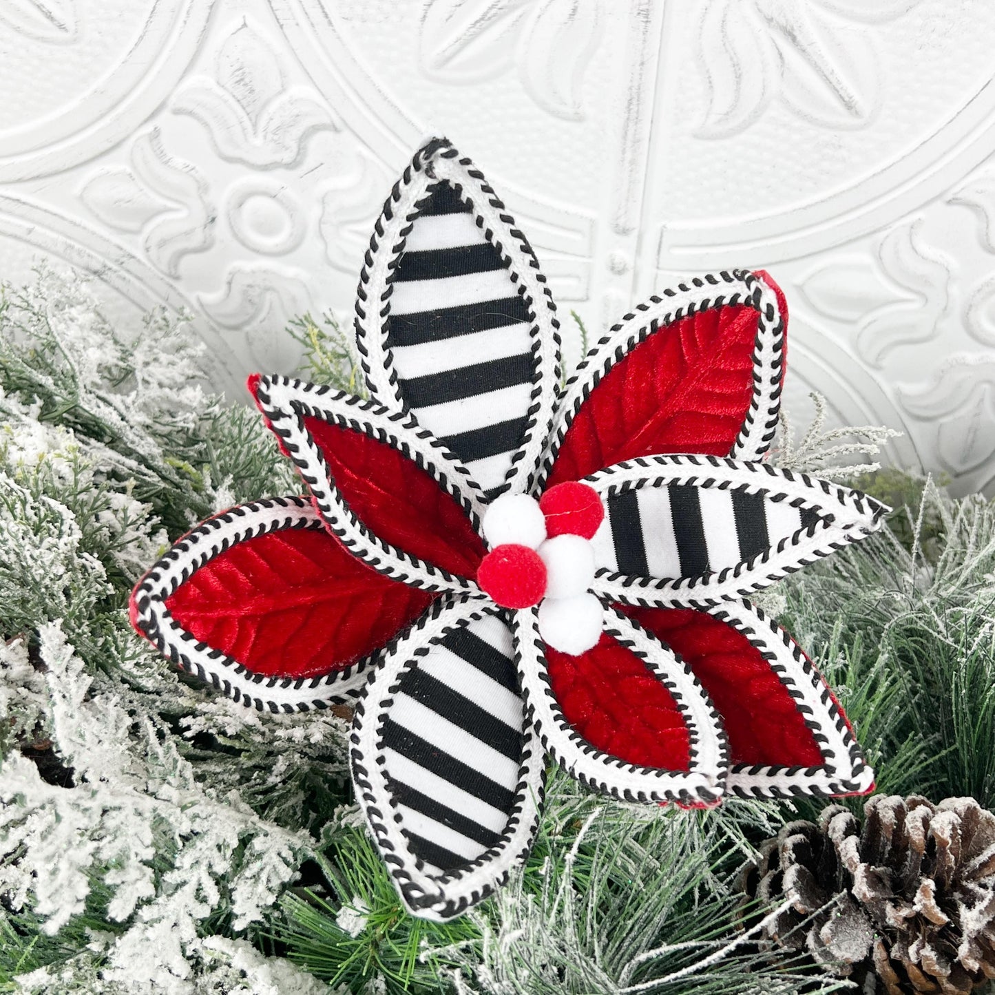 Striped Poinsettia Stem, Red Black White Christmas Pick, Velvet Holiday Floral, Modern Wreath Accent, Elegant Tree Decor