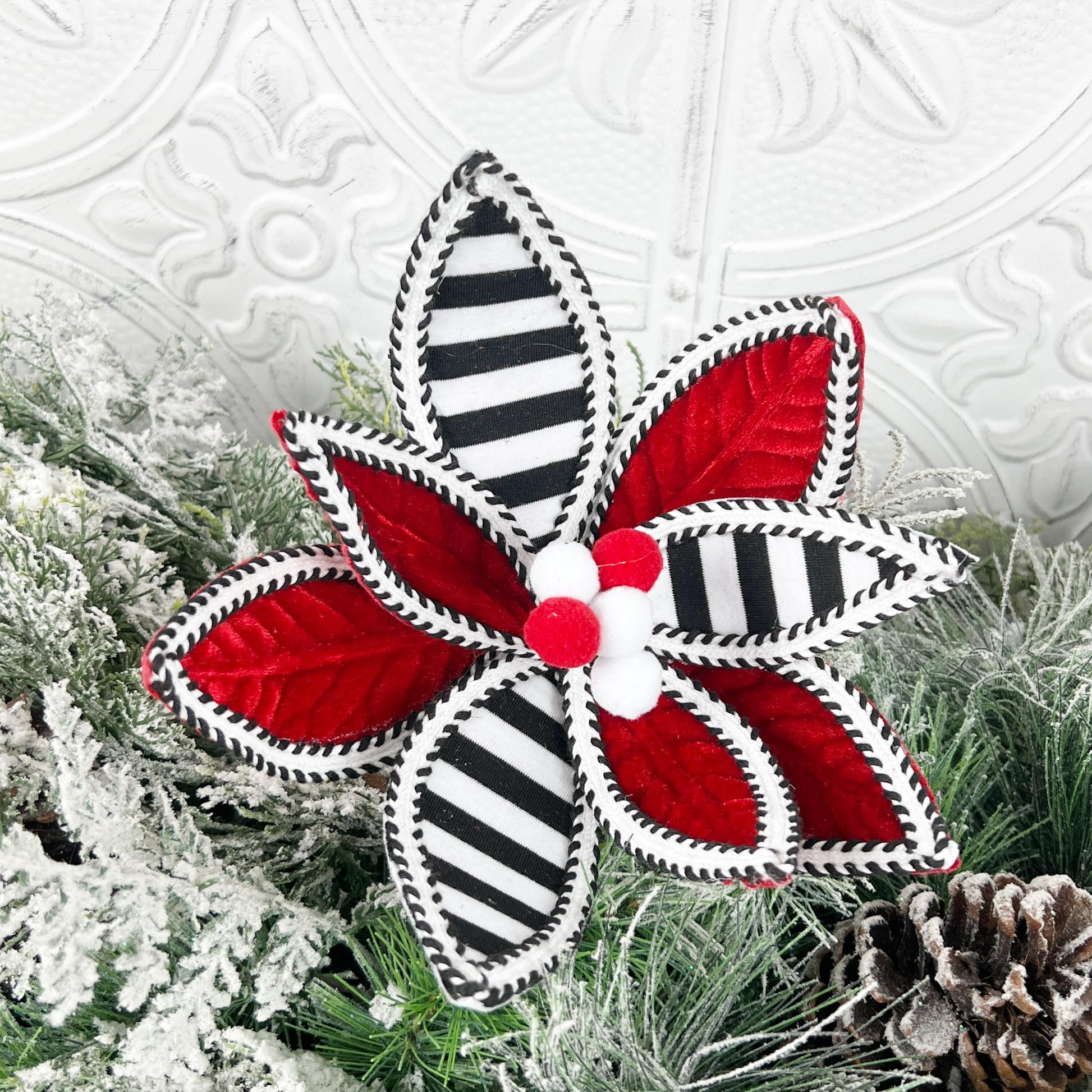 Striped Poinsettia Stem, Red Black White Christmas Pick, Velvet Holiday Floral, Modern Wreath Accent, Elegant Tree Decor