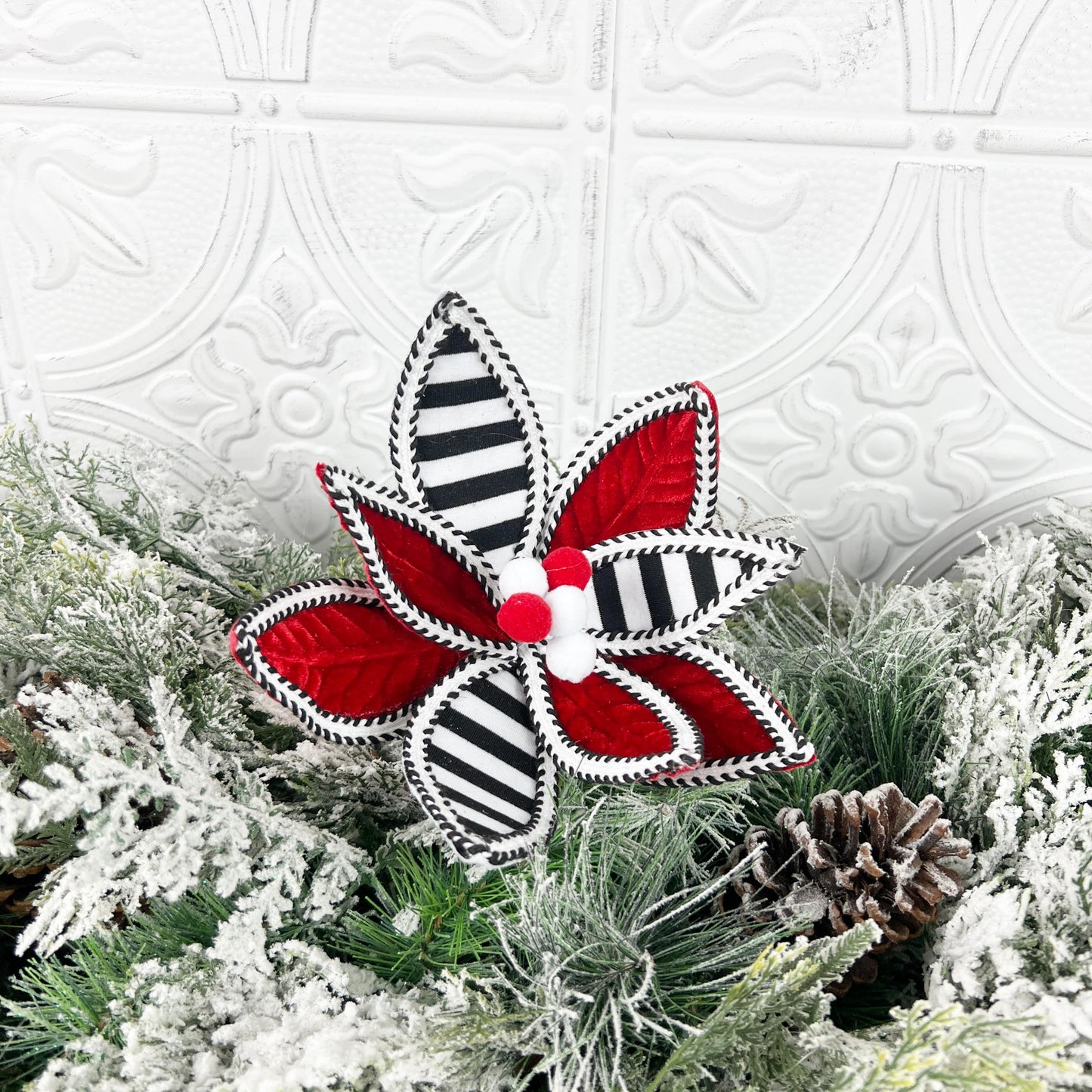 Striped Poinsettia Stem, Red Black White Christmas Pick, Velvet Holiday Floral, Modern Wreath Accent, Elegant Tree Decor