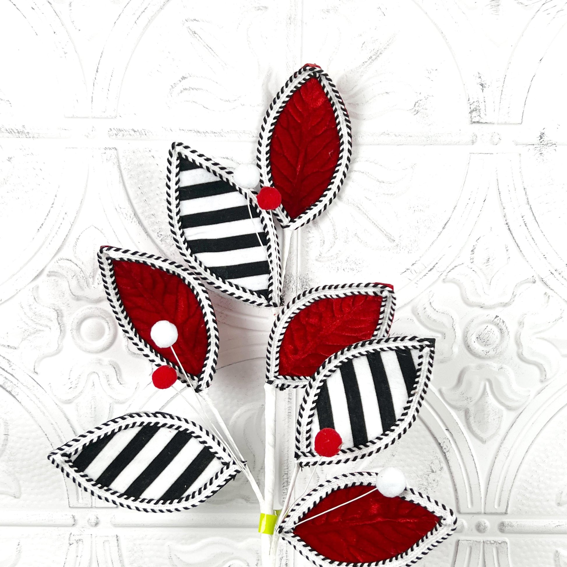 Striped Leaves and Ball Spray, Red Black White Holiday Stem, Christmas Tree Floral Pick, Modern Wreath Accent, Designer Holiday Decor