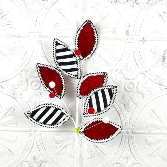 Striped Leaves and Ball Spray, Red Black White Holiday Stem, Christmas Tree Floral Pick, Modern Wreath Accent, Designer Holiday Decor