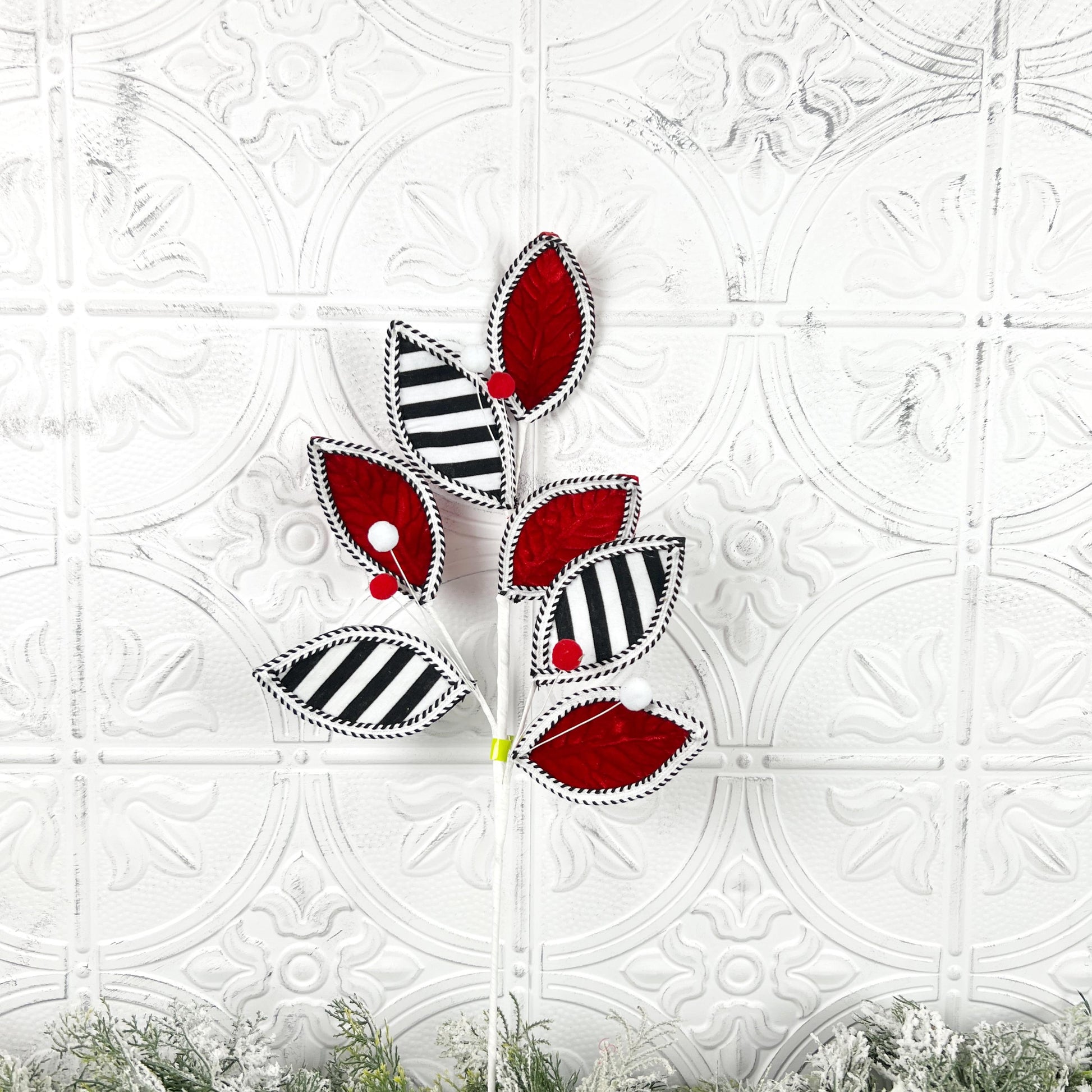 Striped Leaves and Ball Spray, Red Black White Holiday Stem, Christmas Tree Floral Pick, Modern Wreath Accent, Designer Holiday Decor