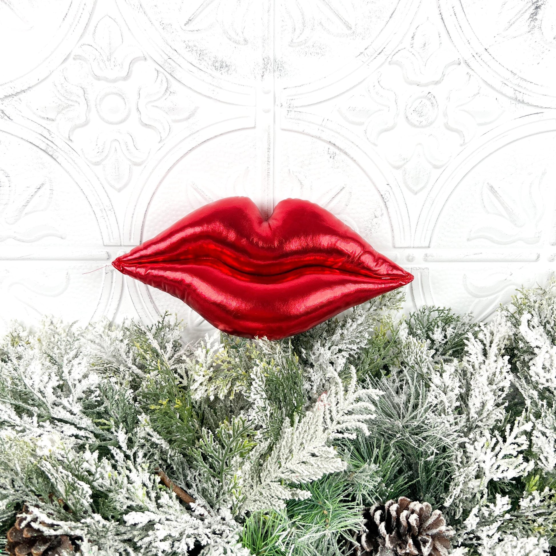 Plush Red Lip Ornament, Metallic Lip Decor, Designer Valentine Accent, Holiday Wreath Attachment, Glam Tree Decoration, Romantic Home Decor