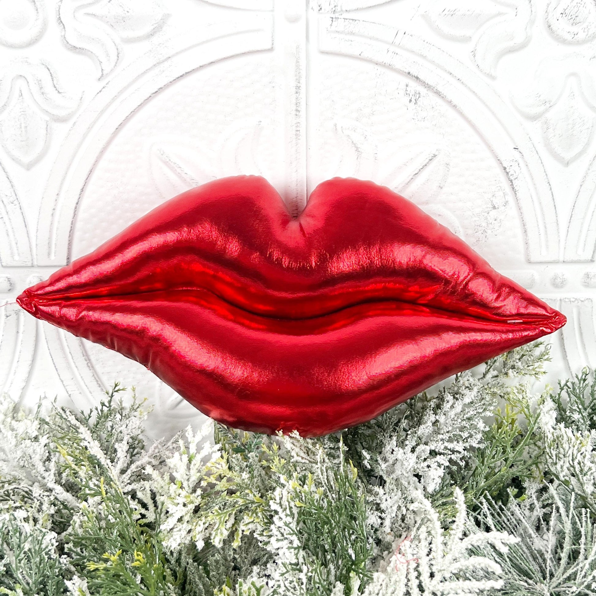 Plush Red Lip Ornament, Metallic Lip Decor, Designer Valentine Accent, Holiday Wreath Attachment, Glam Tree Decoration, Romantic Home Decor