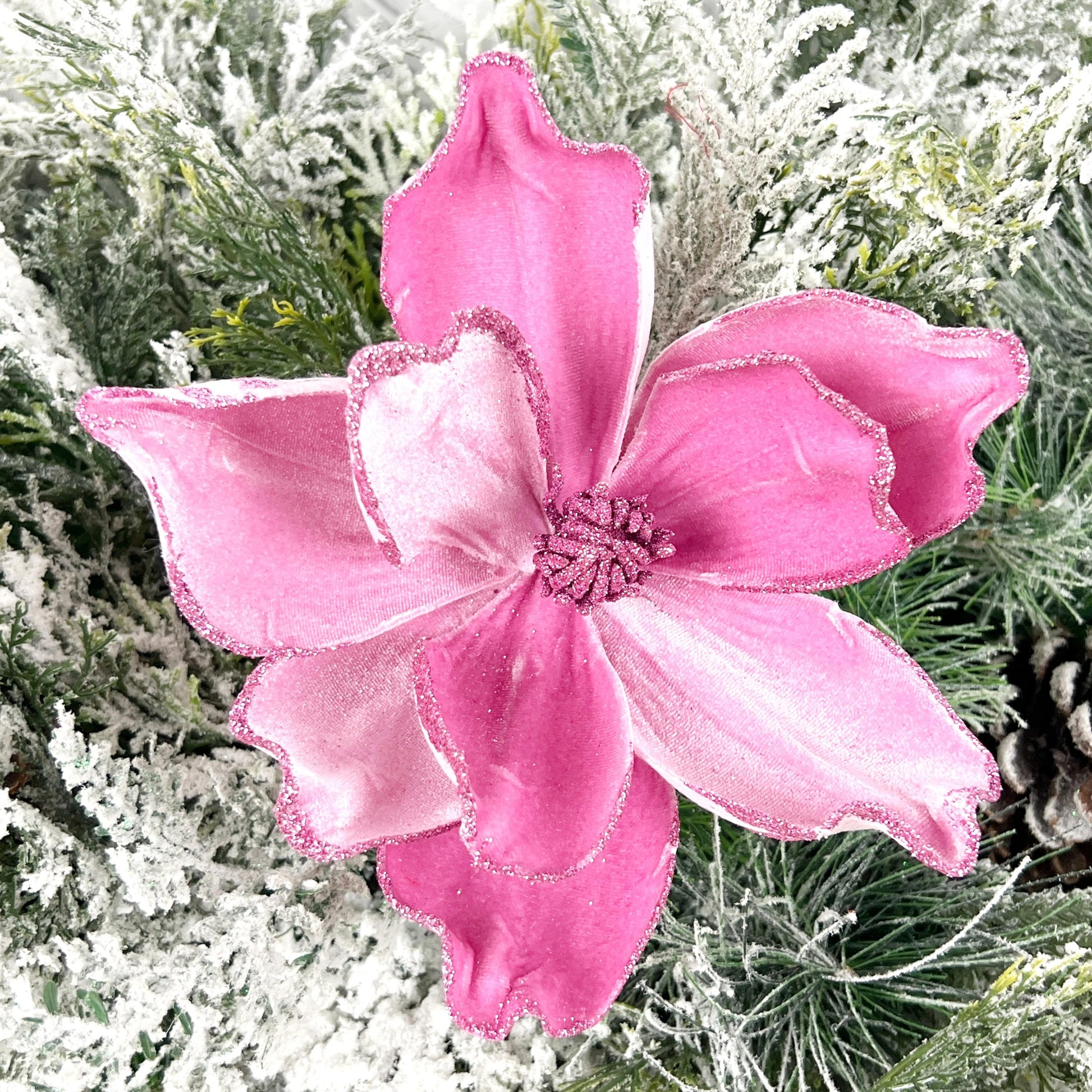 Velvet Magnolia Pick, Pink Magnolia Floral, Glitter Edge Flower Pick, Holiday Wreath Accent, Elegant Tree Decoration