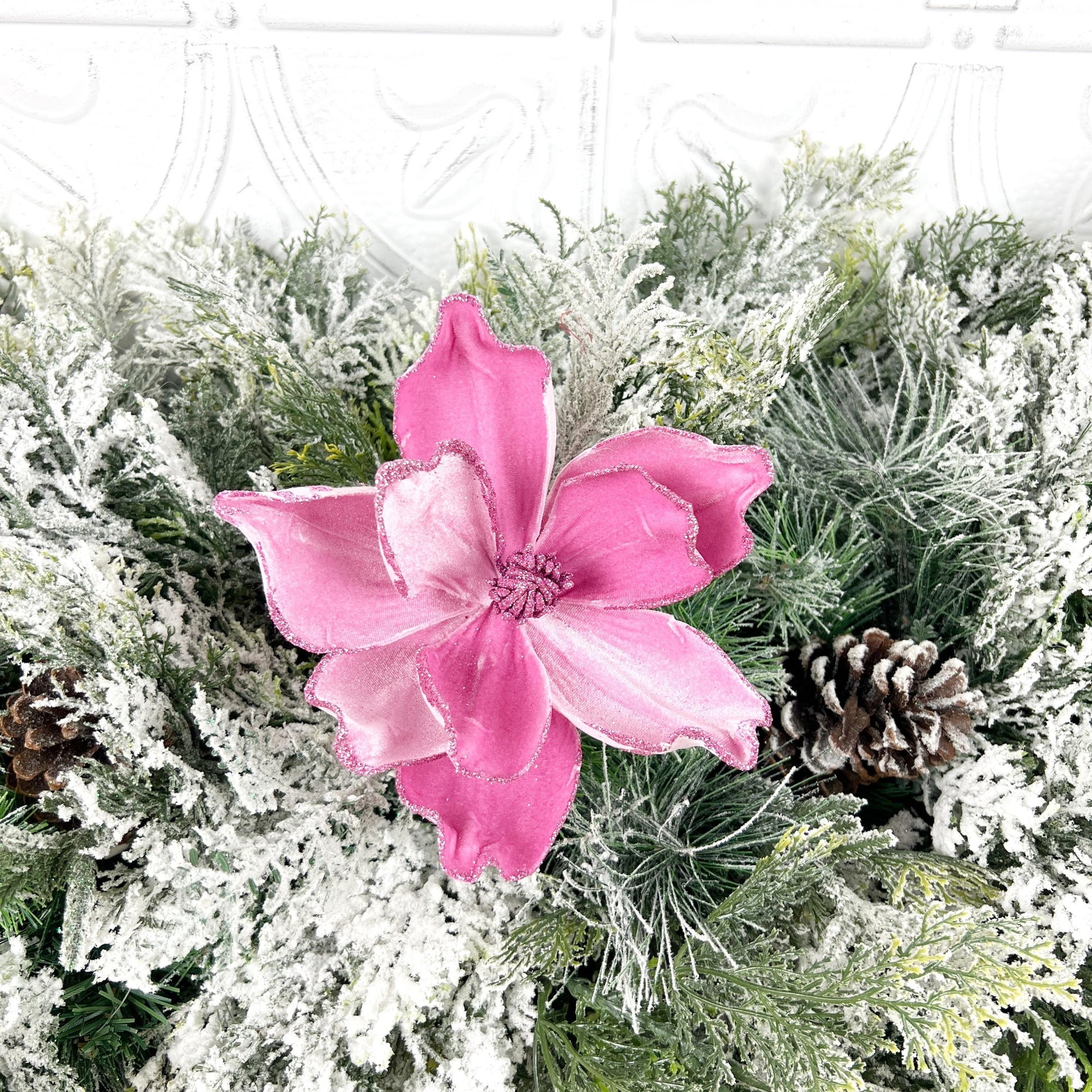 Velvet Magnolia Pick, Pink Magnolia Floral, Glitter Edge Flower Pick, Holiday Wreath Accent, Elegant Tree Decoration