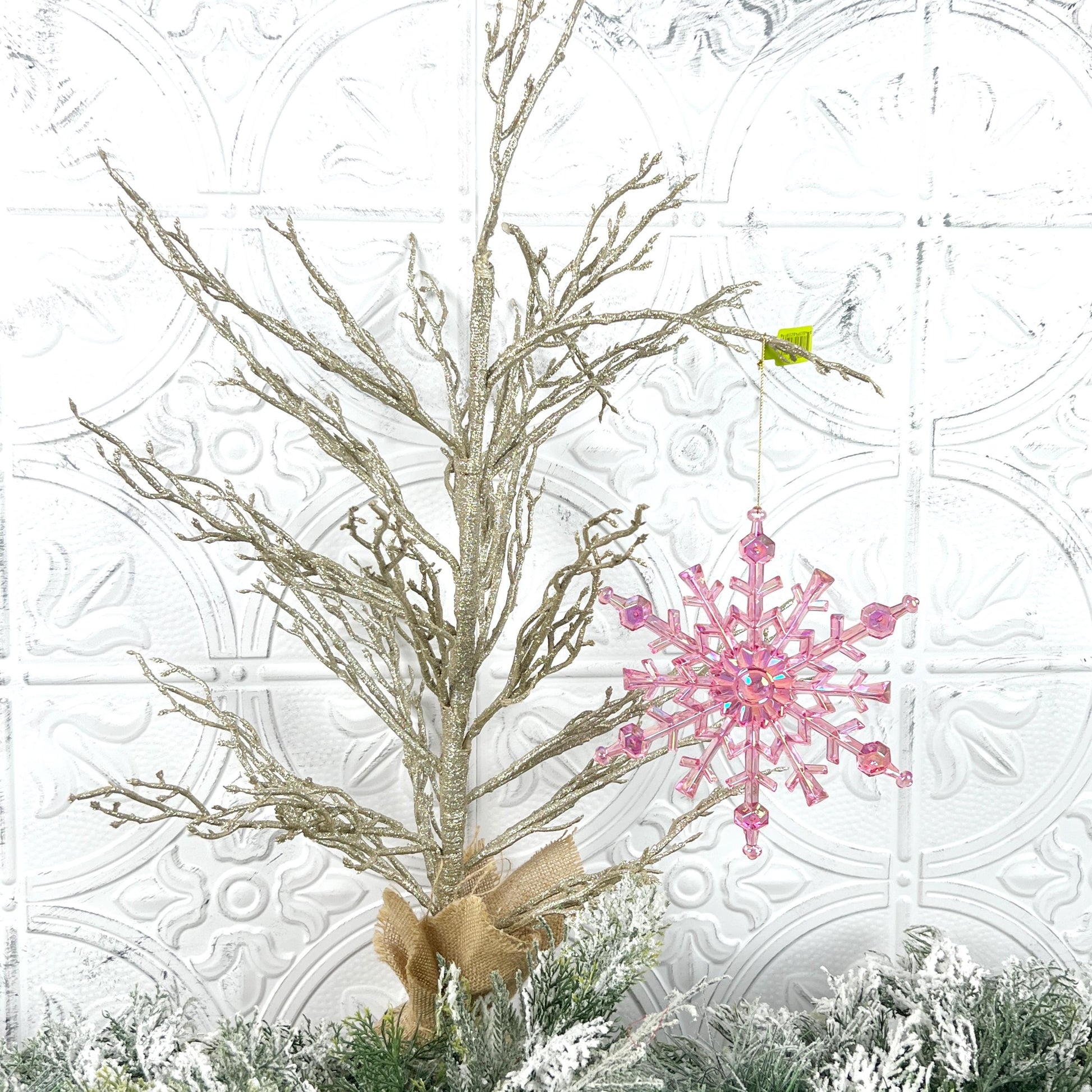 Pink Snowflake Ornament, Iridescent Christmas Ornament, Blush Holiday Tree Accent, Designer Snowflake Decor, Elegant Winter Ornament