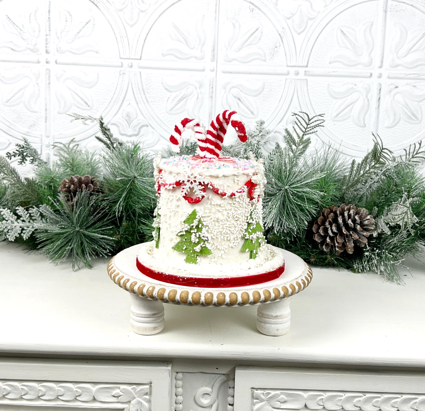 Holiday Cake Ornament, Candy Christmas Decor, Faux Christmas Cake, Peppermint Cake Decor, Christmas Tiered Tray Decor