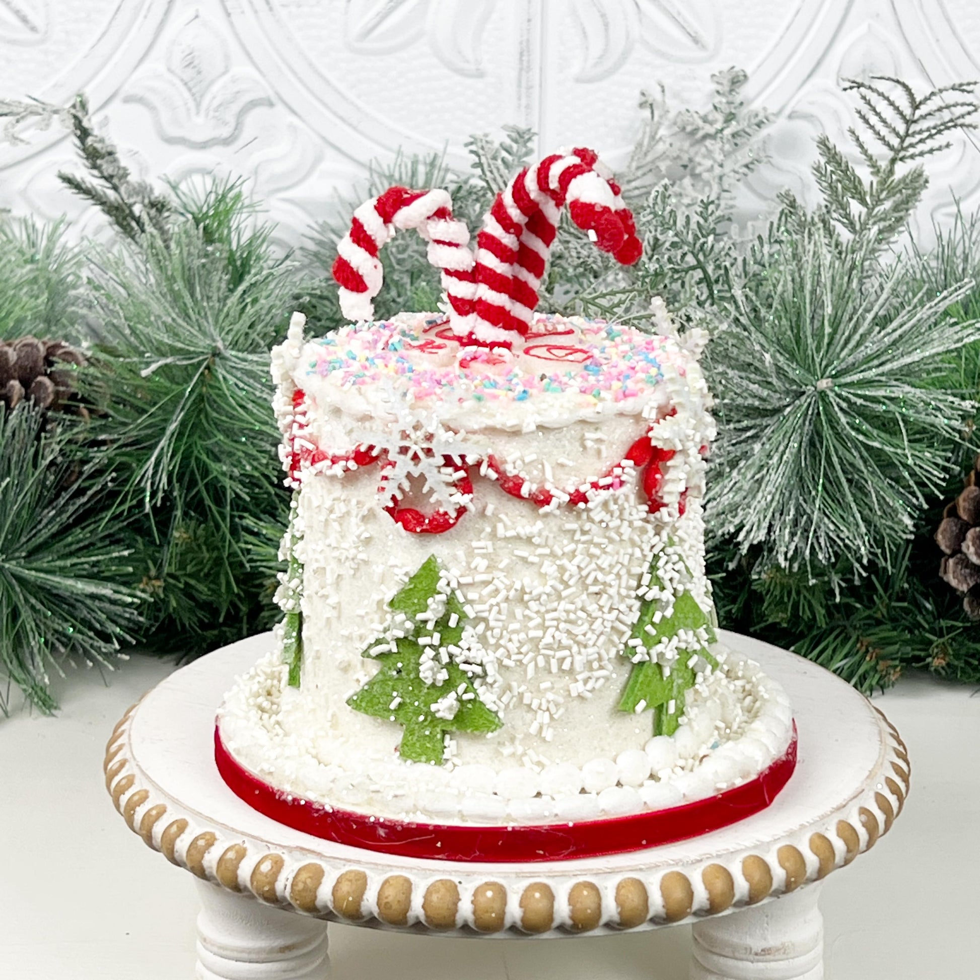 Holiday Cake Ornament, Candy Christmas Decor, Faux Christmas Cake, Peppermint Cake Decor, Christmas Tiered Tray Decor