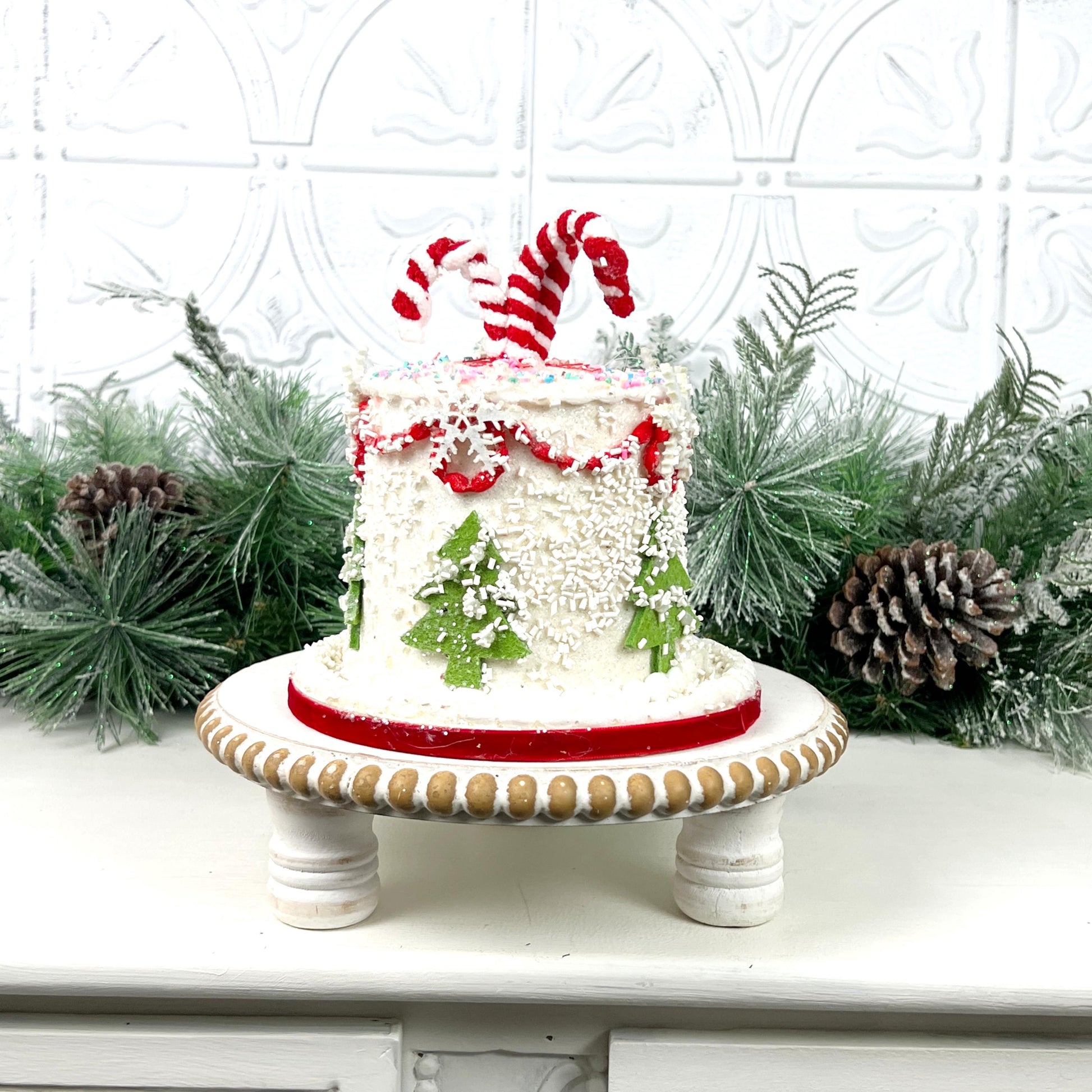 Holiday Cake Ornament, Candy Christmas Decor, Faux Christmas Cake, Peppermint Cake Decor, Christmas Tiered Tray Decor