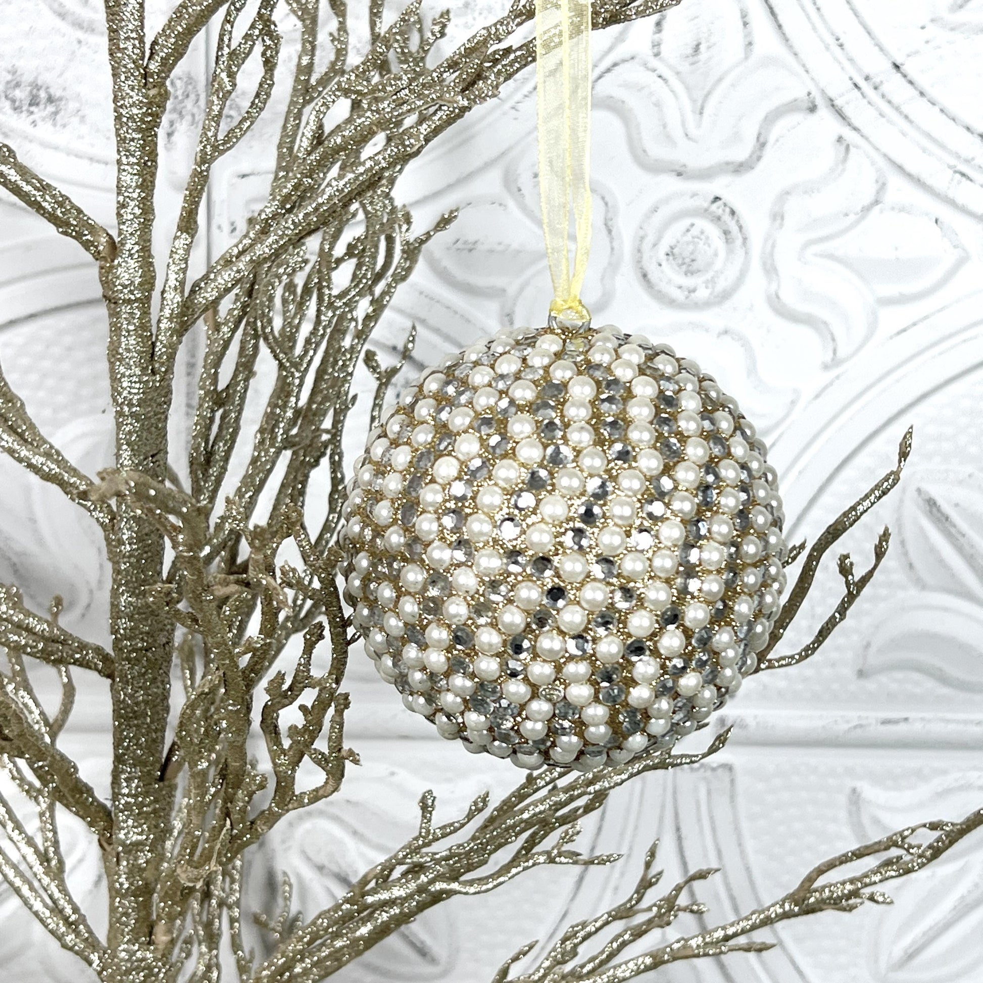 Pearl Christmas Ornament, Cream Champagne Ornament, Elegant Jeweled Christmas Ornament, Pearl Holiday Decor, Jeweled Wreath Accent