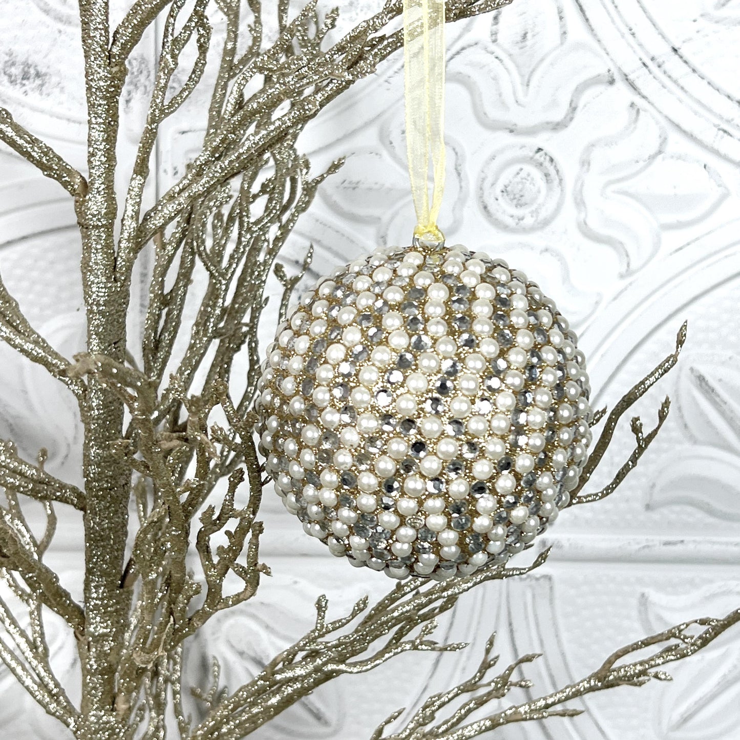 Pearl Christmas Ornament, Cream Champagne Ornament, Elegant Jeweled Christmas Ornament, Pearl Holiday Decor, Jeweled Wreath Accent