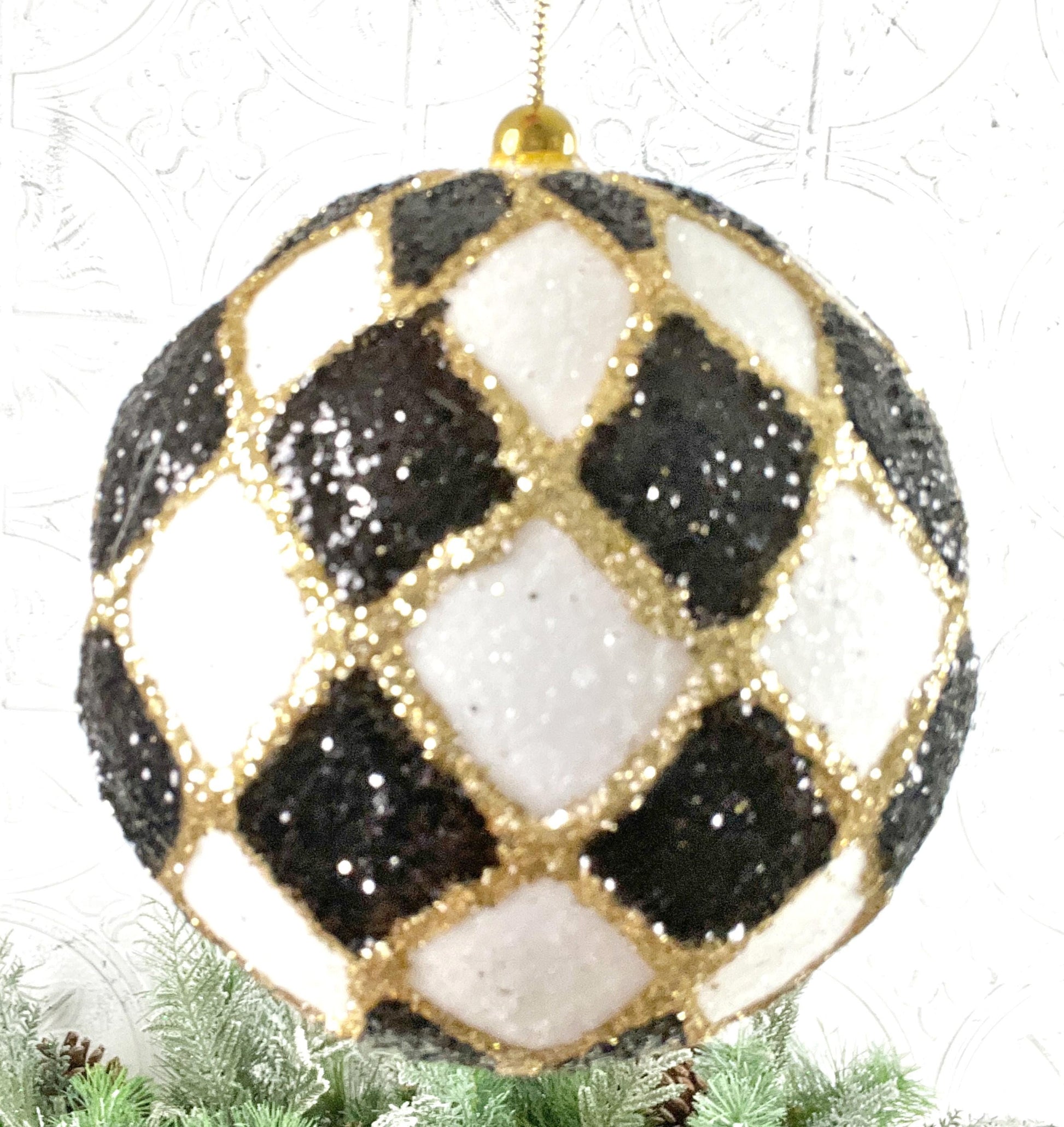Harlequin Ball Ornament, Black and White Christmas Ornament, Shatterproof Tree Ornament, Jester Bauble, Designer Holiday Decor