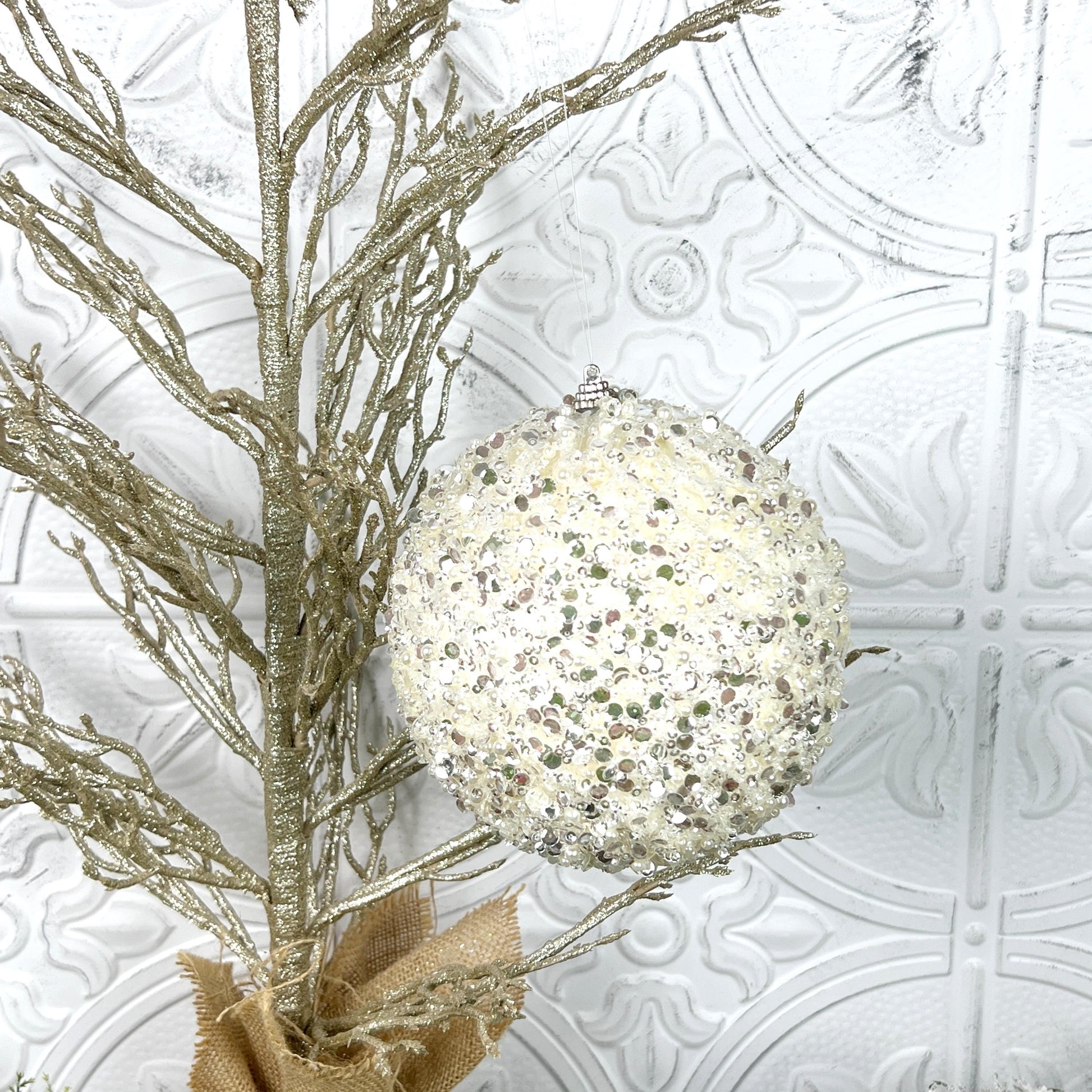 Pearl and Sequin Ornament, White Christmas Ball, Shatterproof Tree Ornament, Elegant Wedding Decor, Designer Holiday Decor, Jeweled Ornament