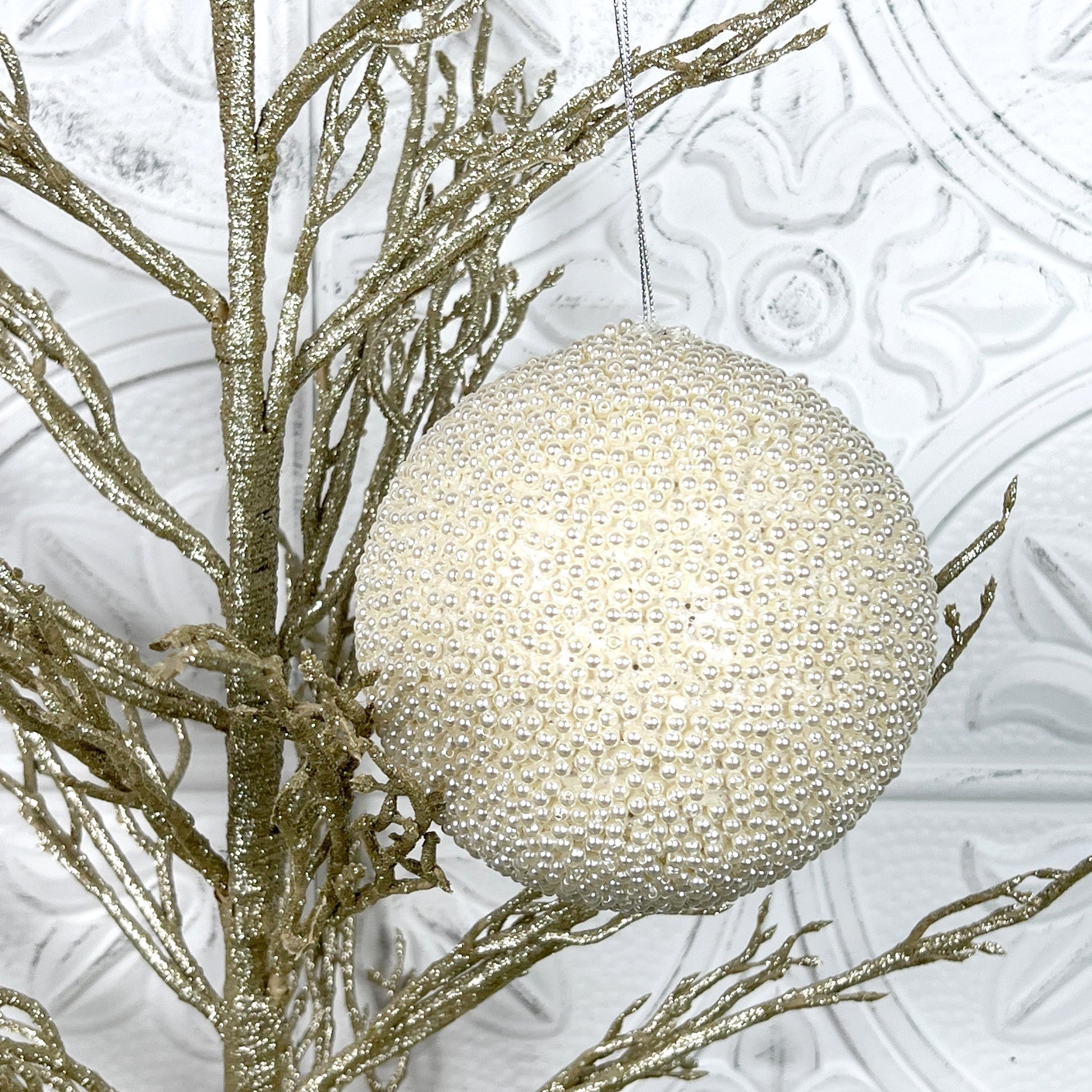 Pearl Glitter Ornament, Jeweled Ornament, Ivory Holiday Ball, Elegant Tree Ornament, Winter Wedding Decor, Luxury Christmas Bauble
