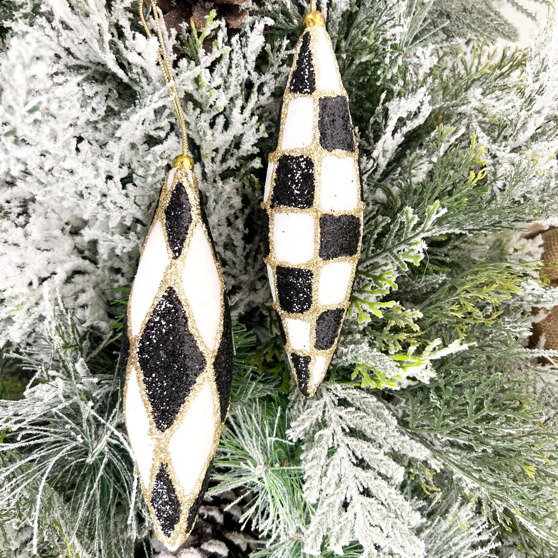 Harlequin Ornament Set, Check Drop Christmas Decor, Black and White Finial Ornament, Glittered Bauble Set, Shatterproof Holiday Ornament