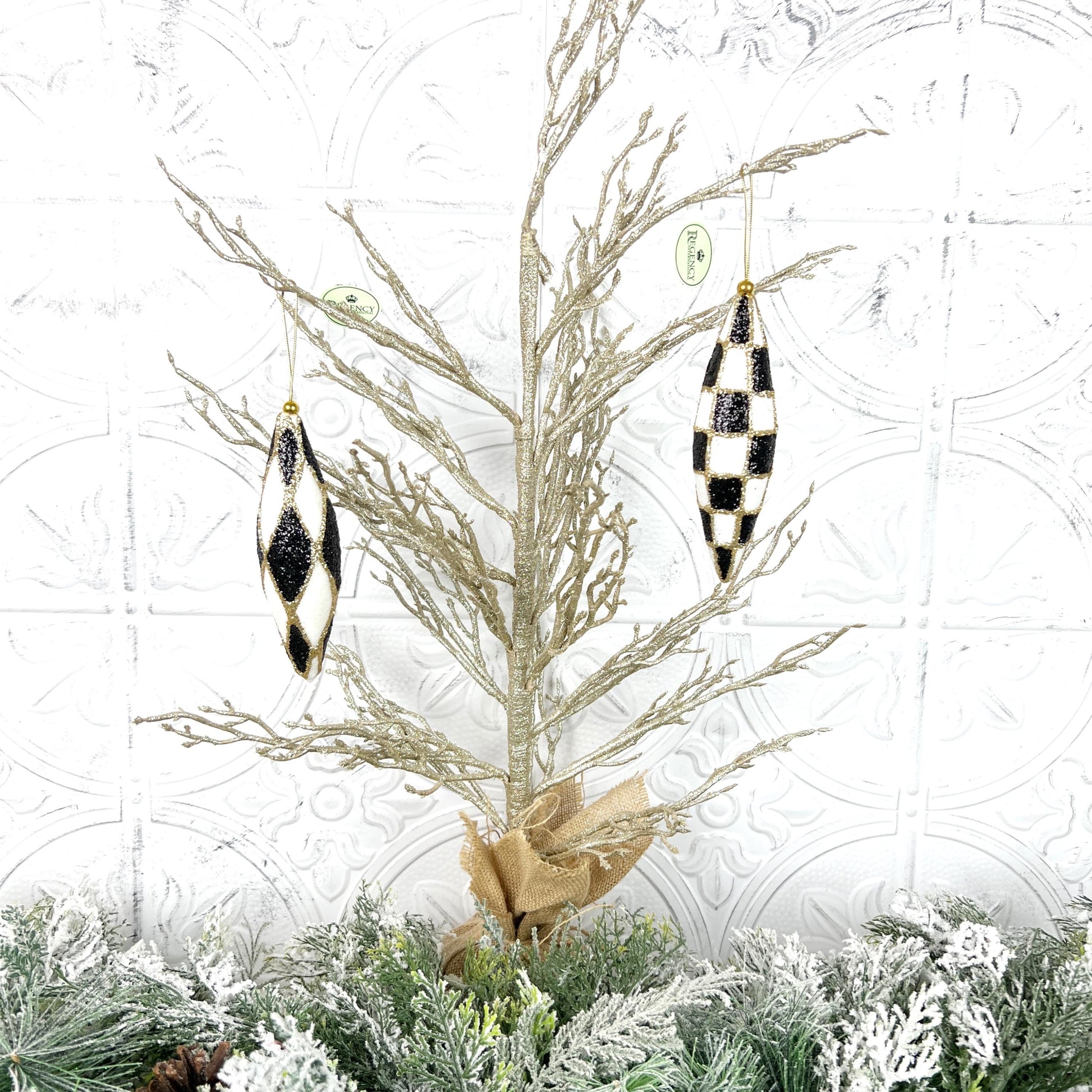 Harlequin Ornament Set, Check Drop Christmas Decor, Black and White Finial Ornament, Glittered Bauble Set, Shatterproof Holiday Ornament