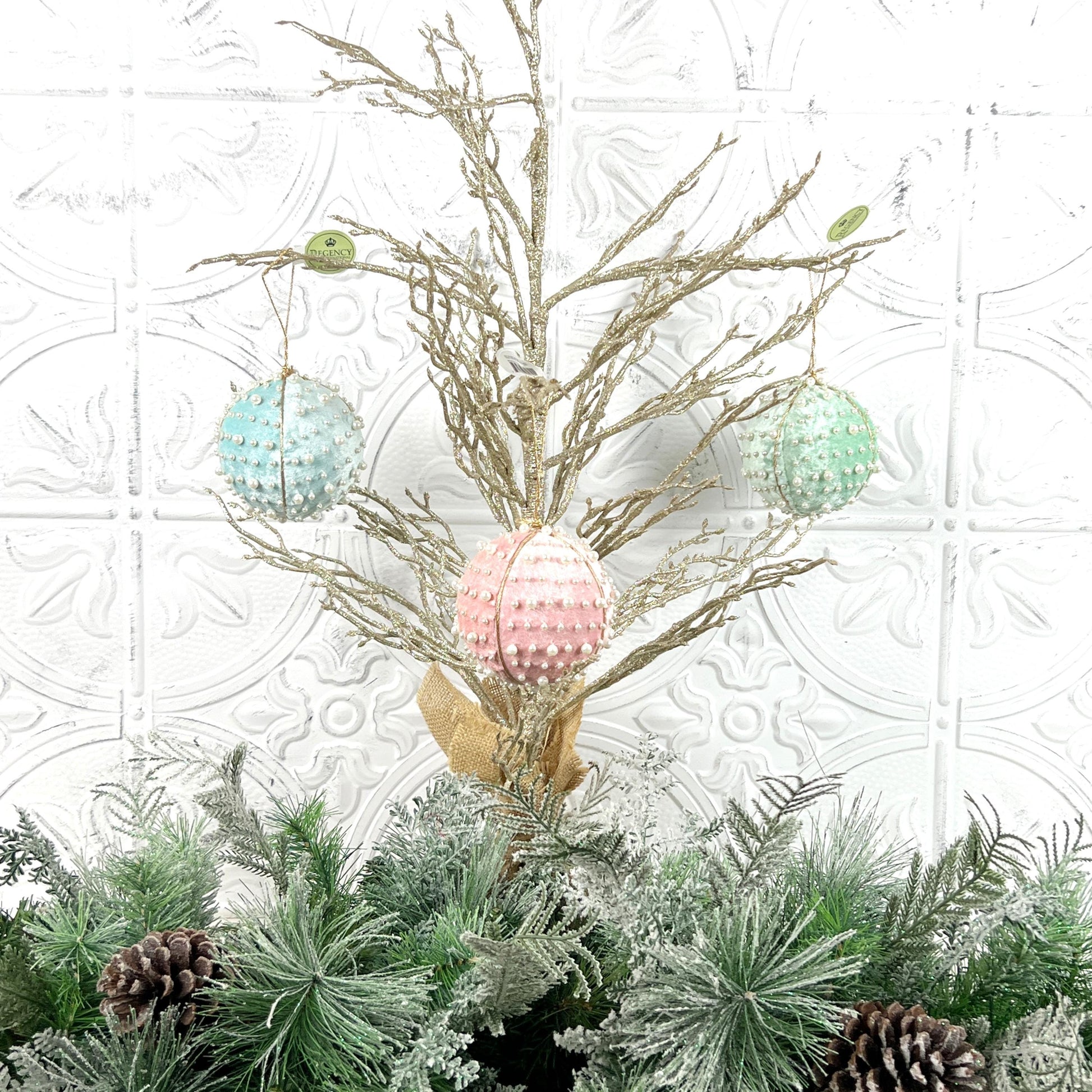 Velvet Pearl Ball Ornament, Mint Pink Blue Christmas Bauble, Velvet Jeweled Ornament, Shatterproof Holiday Decor, Elegant Wedding Ornament