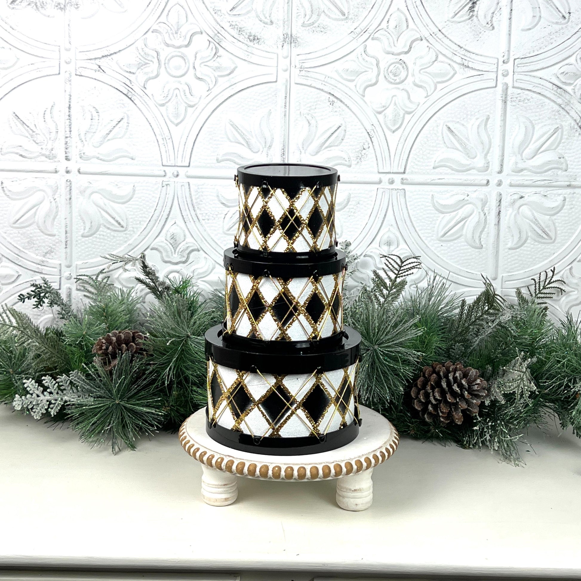 Black and White Drum Set, Glitter Holiday Drums, Stacking Christmas Decor, Harlequin Display Boxes, Elegant Drum Ornaments
