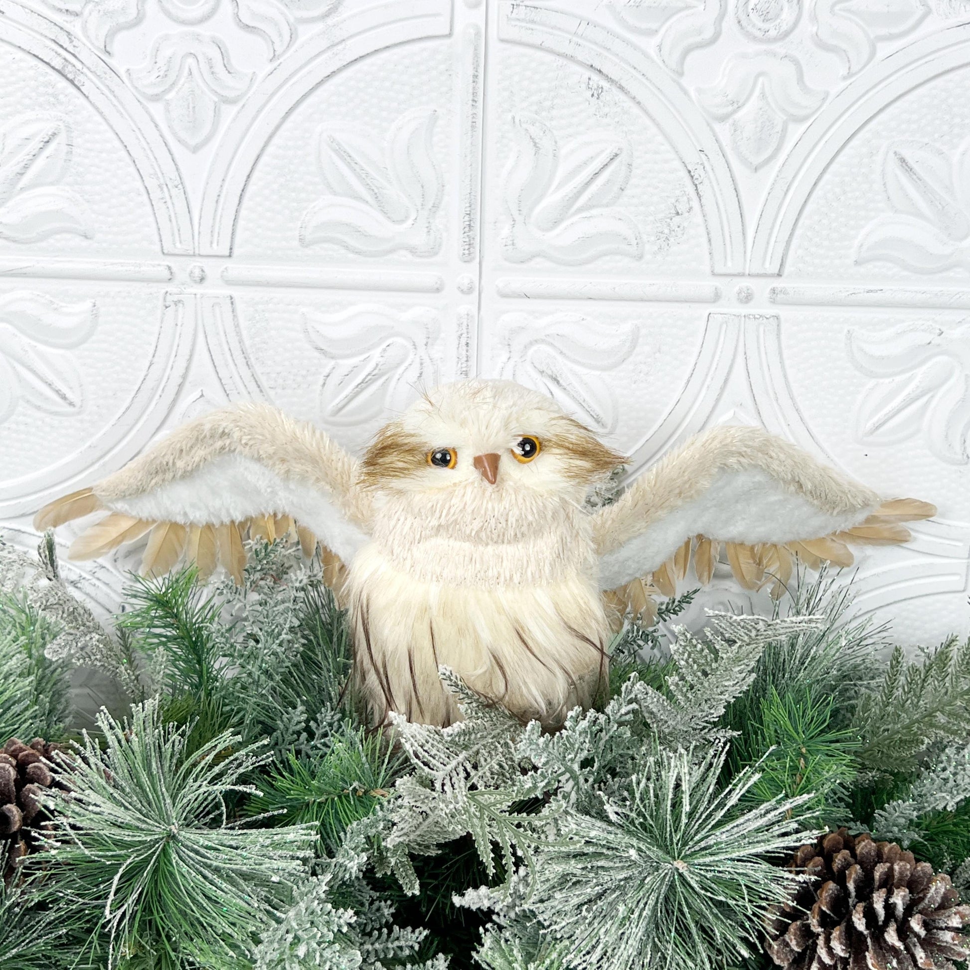 Flying Snow Owl Ornament, White Winter Owl Decor, Realistic Owl Tree Topper, Christmas Owl Decoration, Luxury Woodland Decor