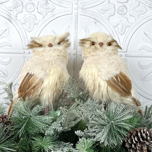 Natural Snow Owl Set, Realistic Winter Owl Decor, Woodland Christmas Owl Pair, Holiday Bird Decorations, Rustic Luxury Owl Accents