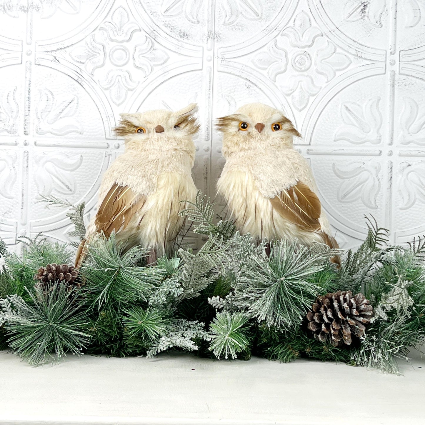 Natural Snow Owl Set, Realistic Winter Owl Decor, Woodland Christmas Owl Pair, Holiday Bird Decorations, Rustic Luxury Owl Accents