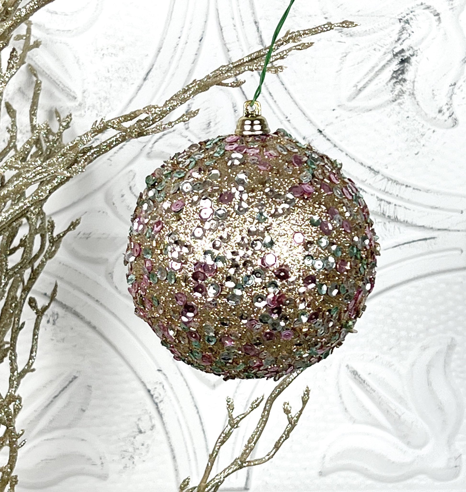 Starlight Sequin Ornament, Platinum Pink Christmas Ornament, Mint Sequin Tree Ornament, Farrisilk Holiday Bauble, Elegant Christmas Decor