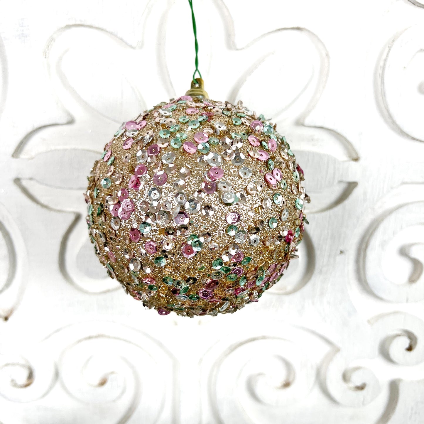 Starlight Sequin Ornament, Platinum Pink Christmas Ornament, Mint Sequin Tree Ornament, Farrisilk Holiday Bauble, Elegant Christmas Decor