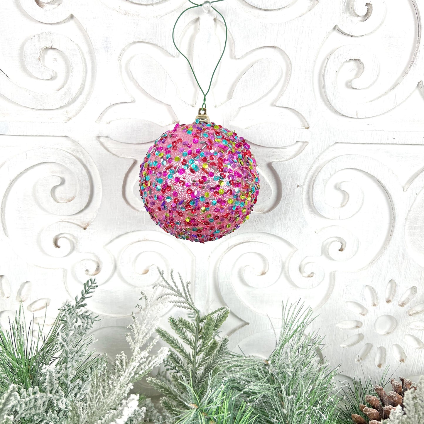 Pink Sequin Ornament, Farrisilk Christmas Bauble, Multicolor Beaded Ornament, Designer Holiday Decor, Glam Tree Ornament, Wreath Accent